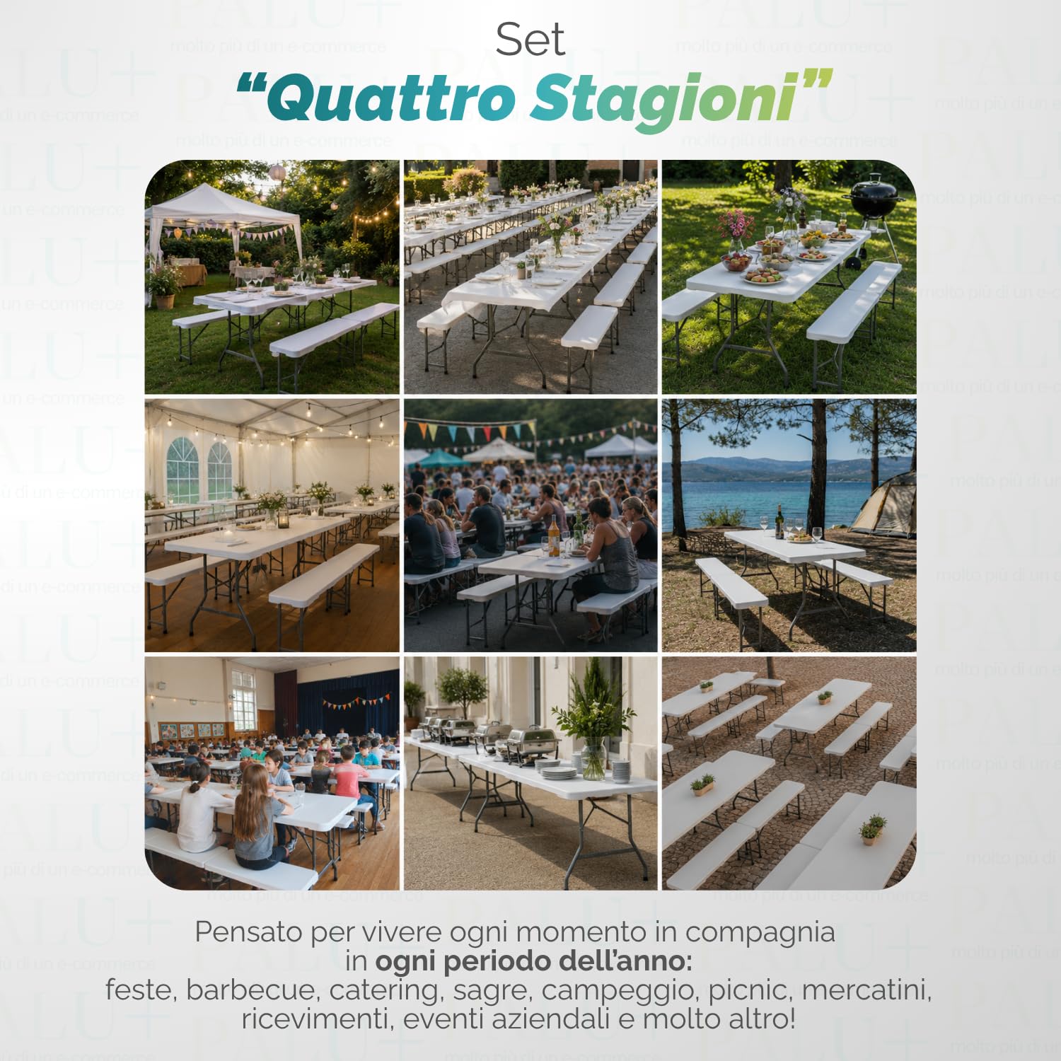 Set tavolo e panche pieghevoli Quattro Stagioni ideale per catering eventi giardino e campeggio