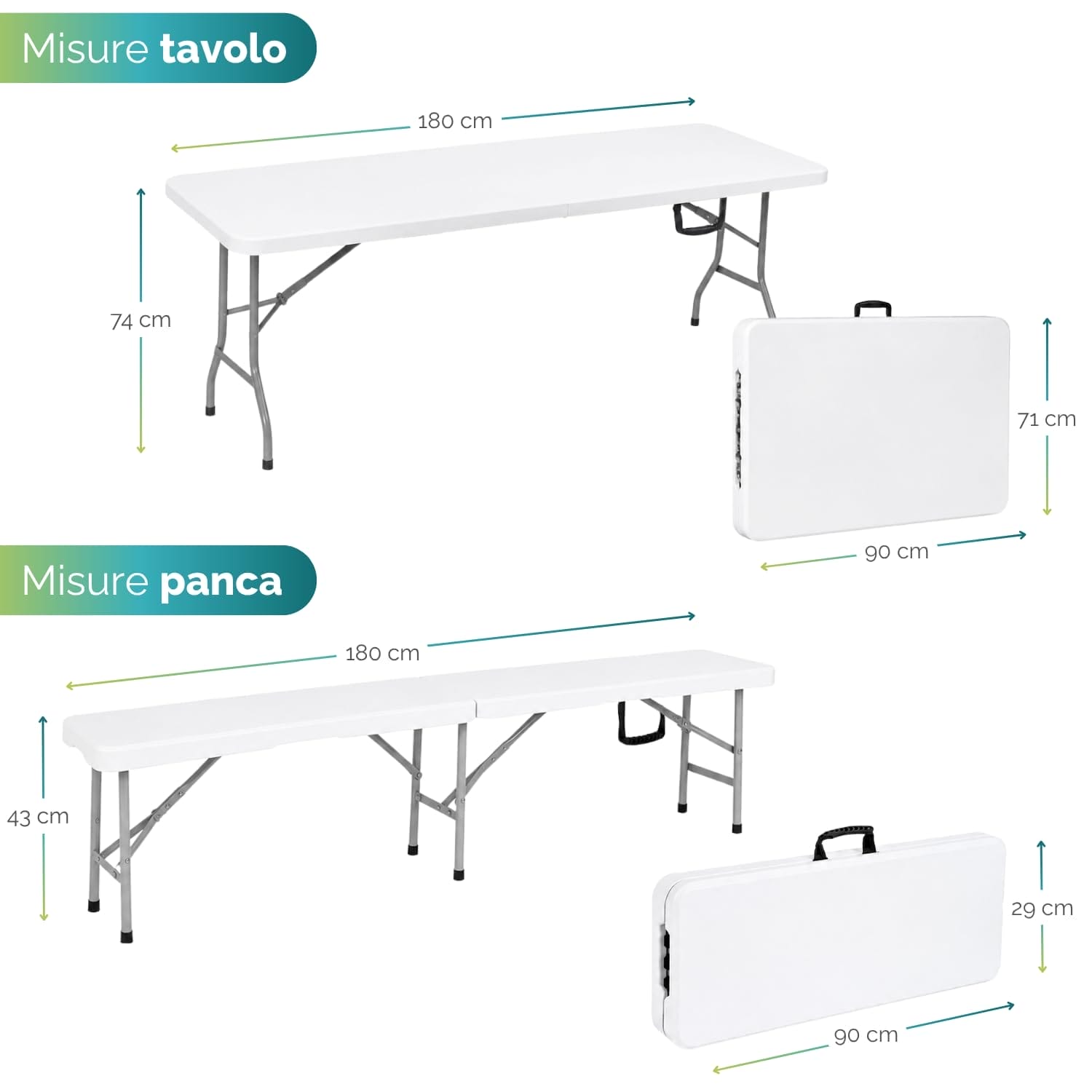 Misure tavolo e panche pieghevoli a valigia con dimensioni complete da esterno e catering