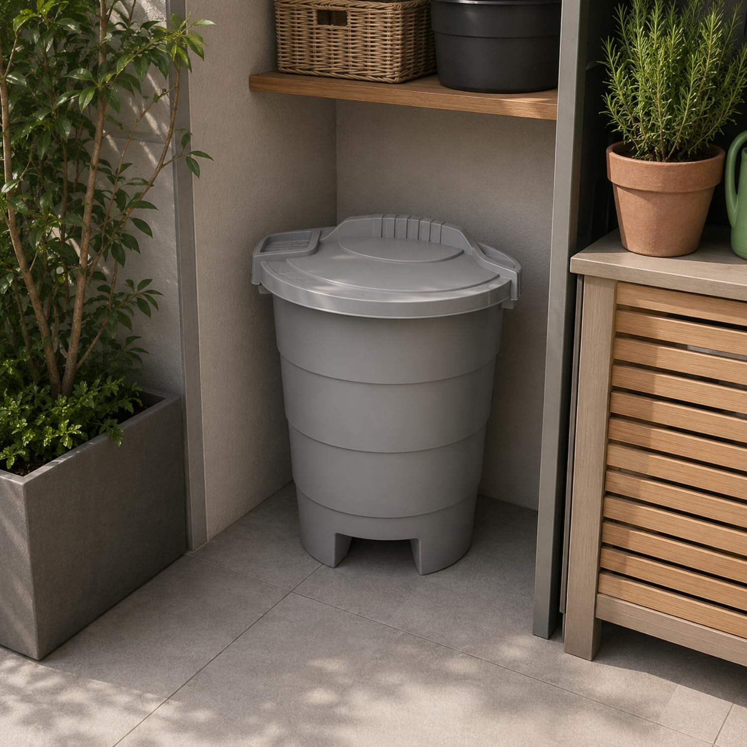 Bidone porta rifiuti da esterno grigio con coperchio resistente per giardino e terrazzo