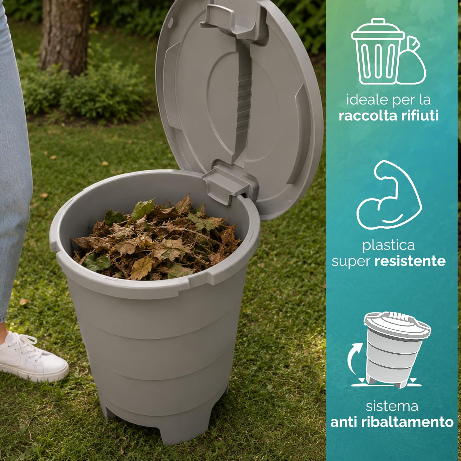 caratteristiche-pattumiera-4-aperture Pattumiera da giardino 50 litri con coperchio aperto ideale per raccolta rifiuti e foglie da esterno