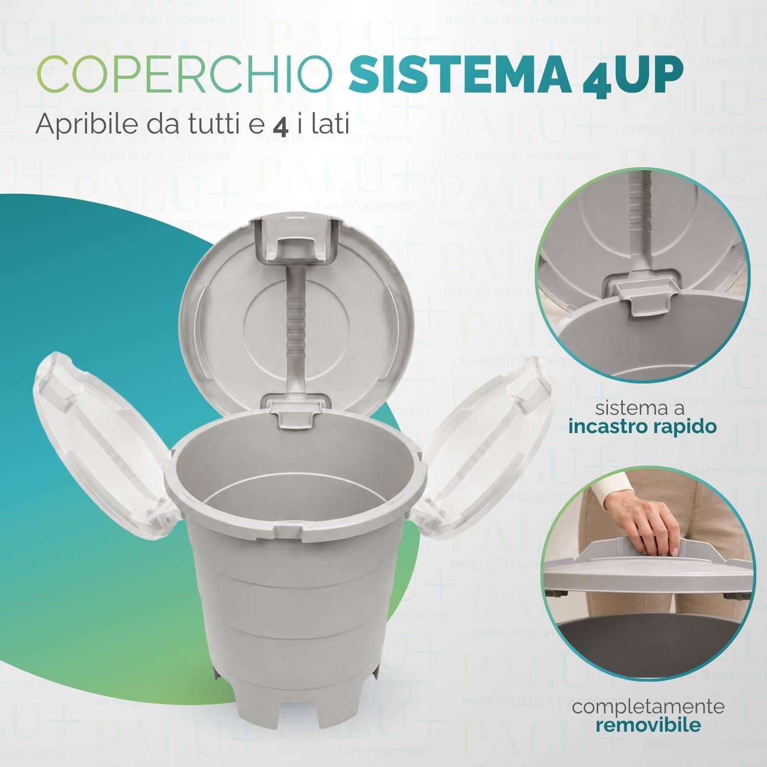 Bidone raccolta rifiuti 50 litri con coperchio apribile da 4 lati e sistema a incastro rapido