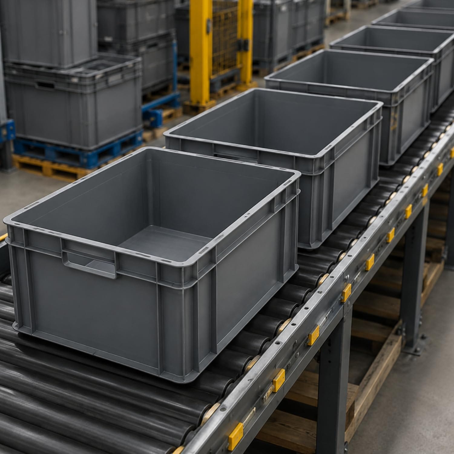 Cassetta Eurobox su linee automatizzate e impianti di trasporto a rulli per logistica e-commerce efficiente.