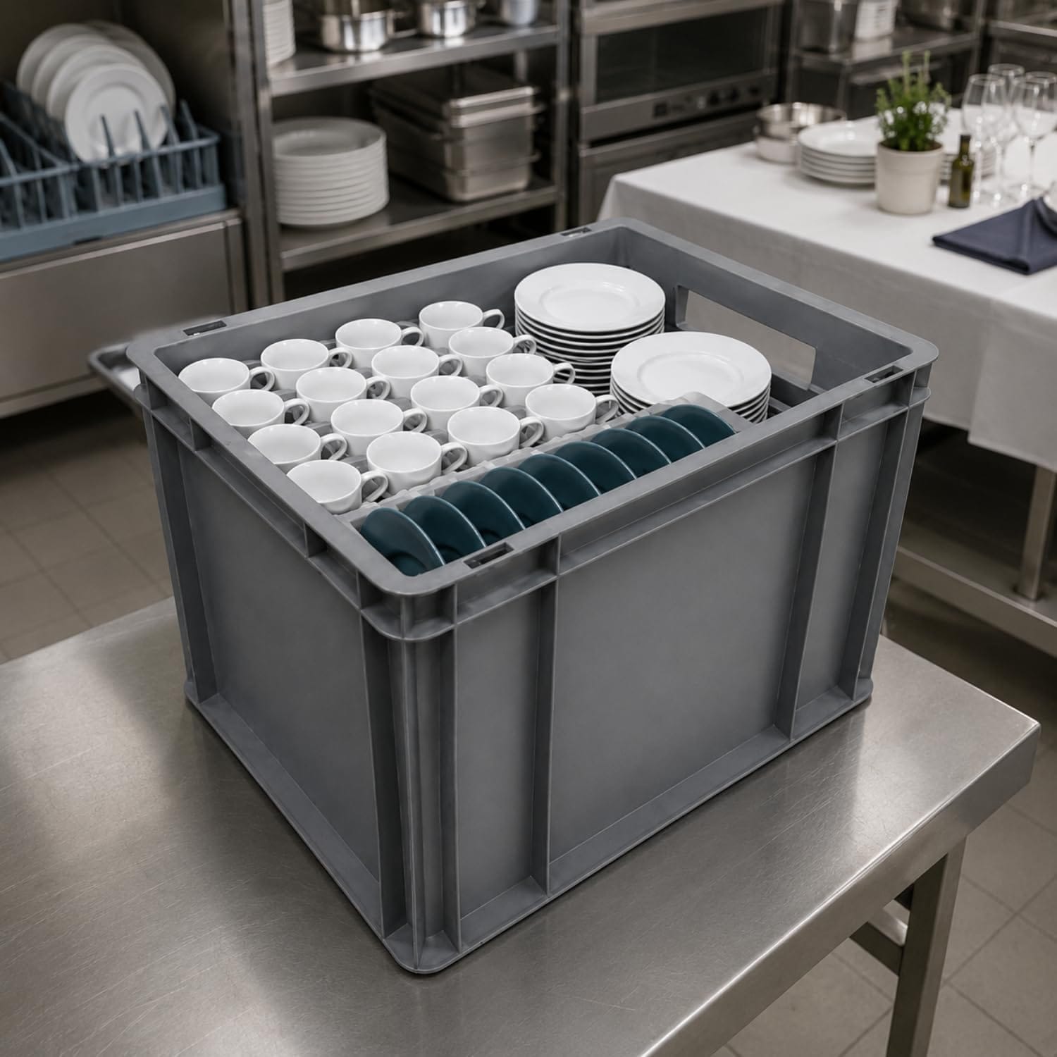 Contenitore Eurobox grigio con stoviglie, ideale per catering e stoccaggio
