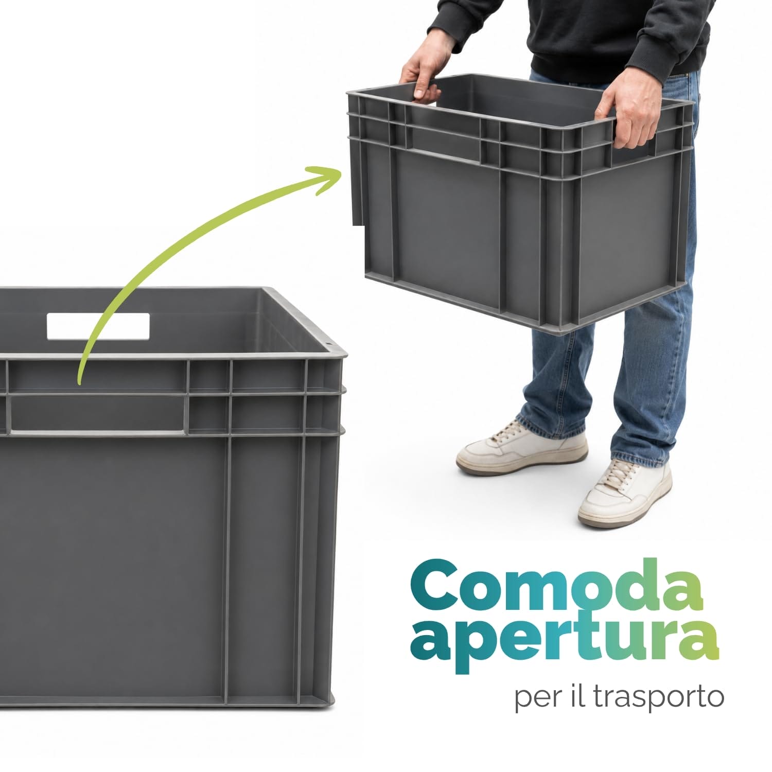 Cassetta Eurobox in plastica con comoda apertura e maniglie passanti lisce per una presa manuale ergonomica e sicura.