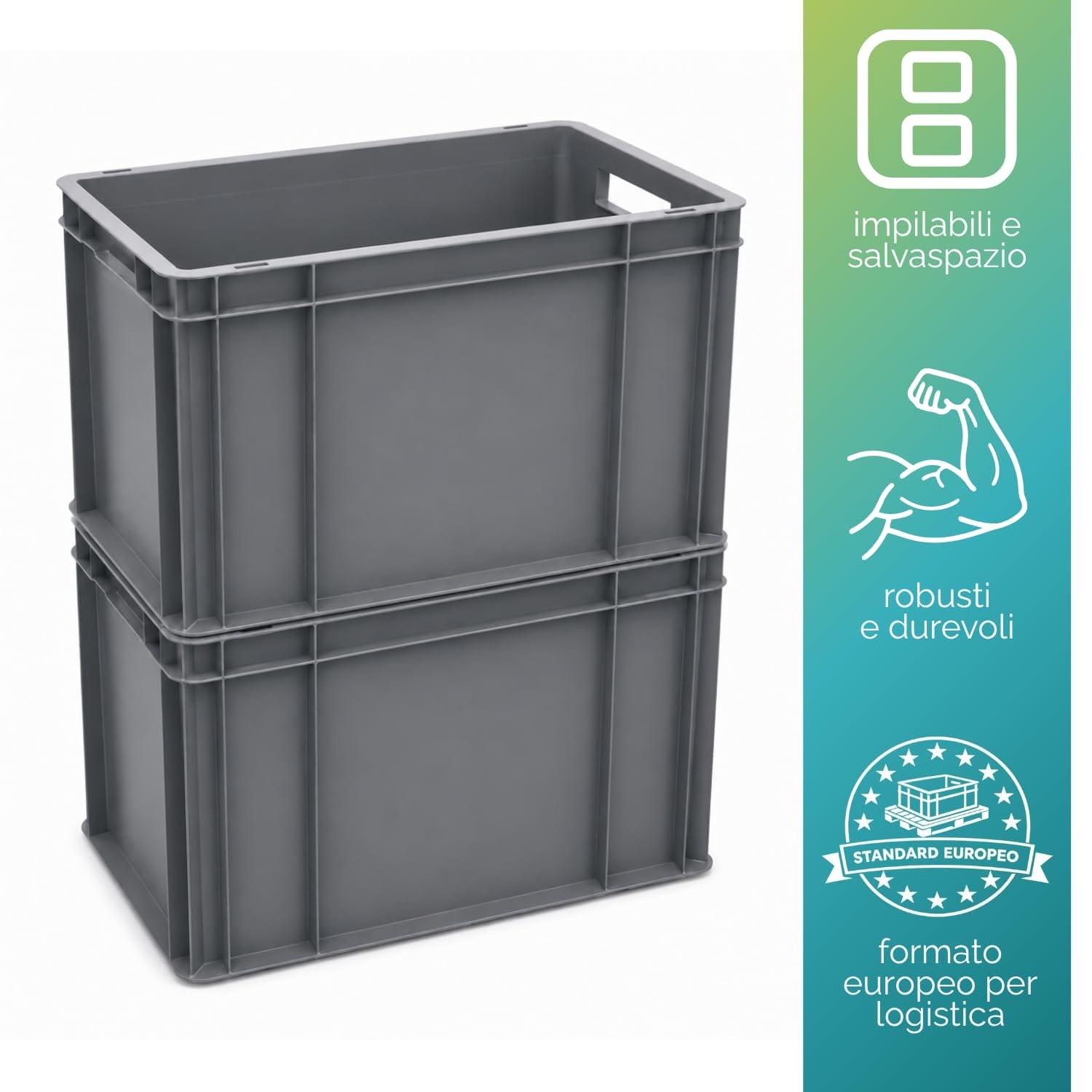 Cassetta Eurobox grande in plastica rigida grigia per stoccaggio merci voluminose e logistica.
