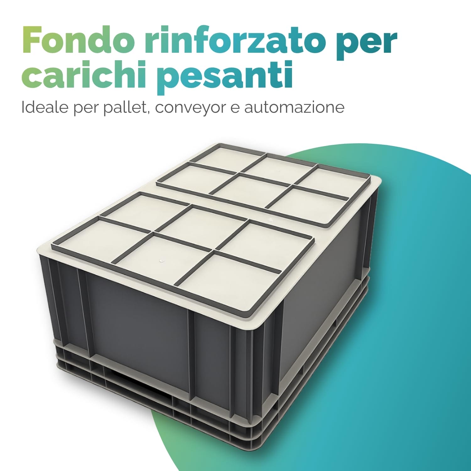 cassetta Eurobox con focus sul fondo rinforzato a nido d'ape per carichi pesanti nella meccanica, ideale per pallet e automazione
