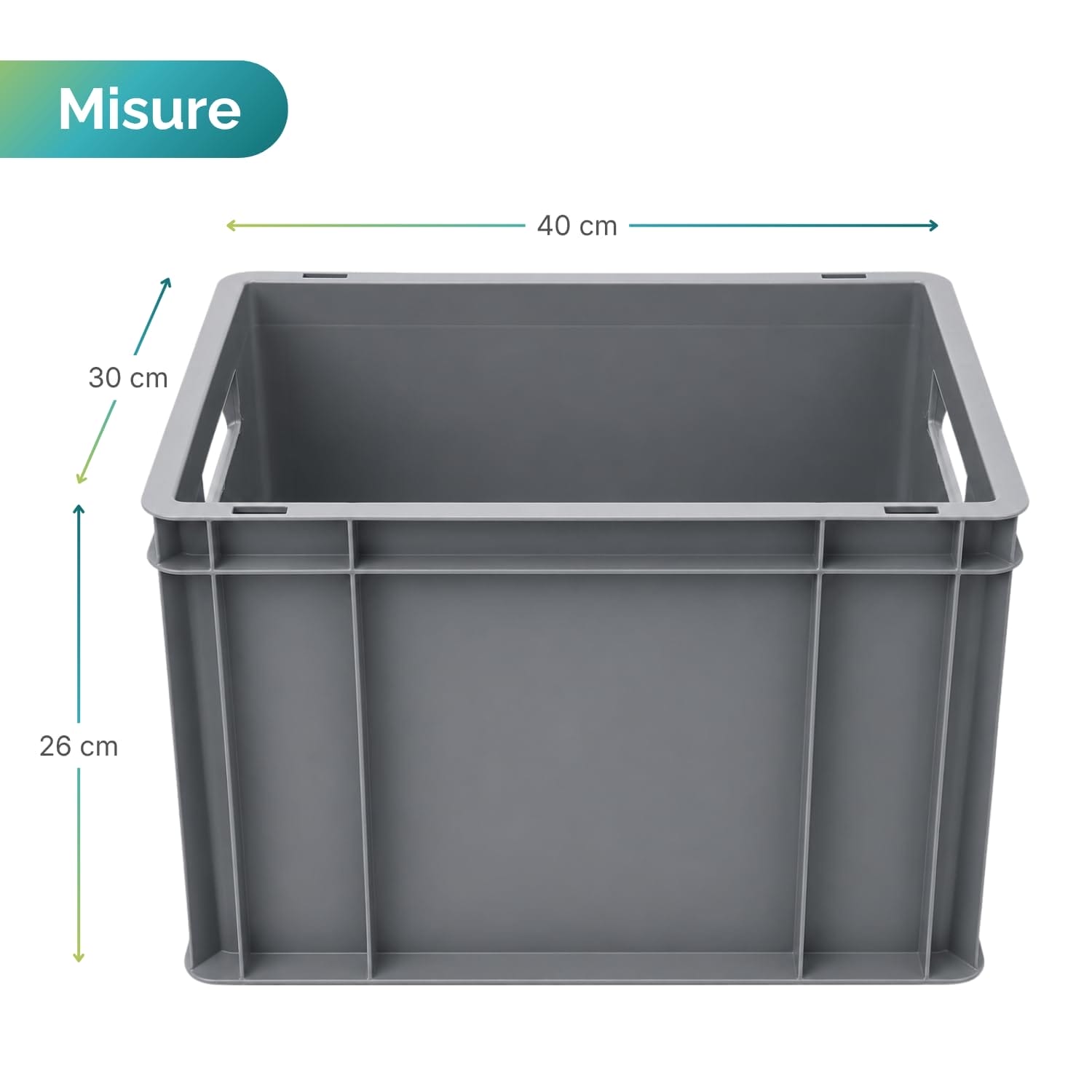 Schema tecnico con dimensioni e quote dell'Eurobox in plastica grigia: larghezza 40 cm, profondità 30 cm, altezza 26 cm.
