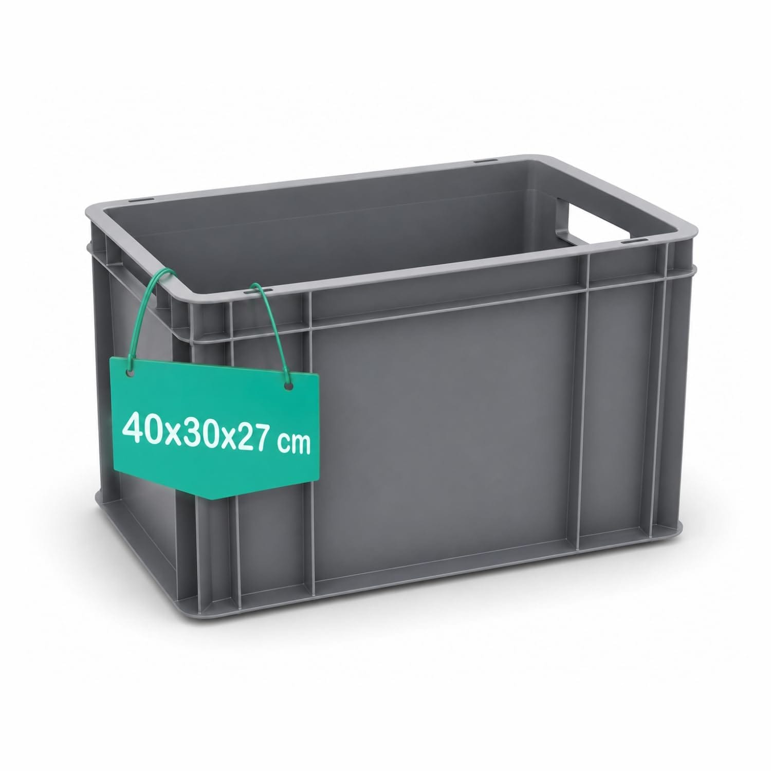 Cassetta plastica rigida grigia Eurobox modello sovrapponibile misura 40x30x27 cm con etichetta informativa.