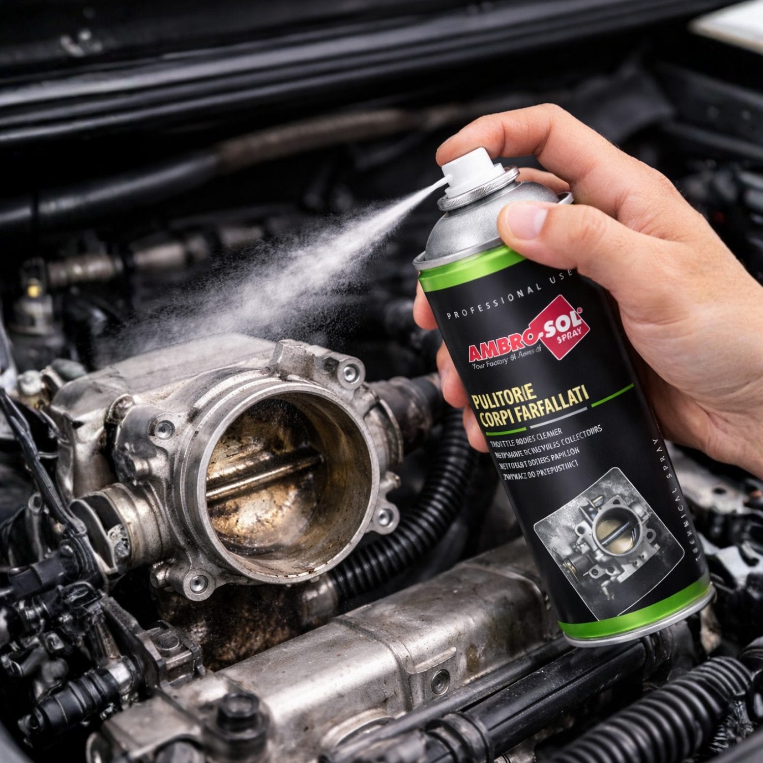 Pulitore corpi farfallati Ambro-Sol spray 400 ml in uso su corpo farfallato auto