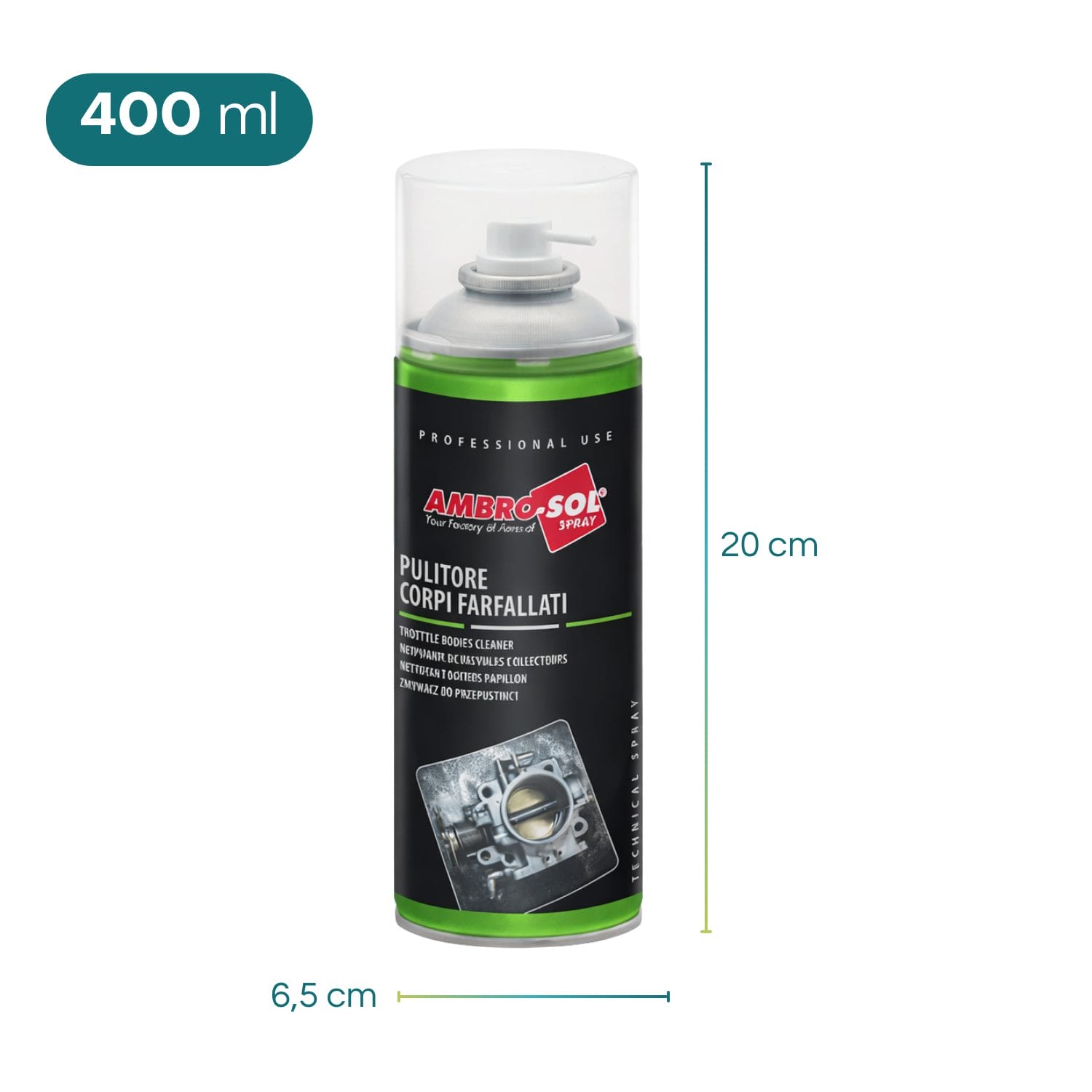Pulitore corpi farfallati Ambro-Sol spray 400 ml con misure e formato bomboletta