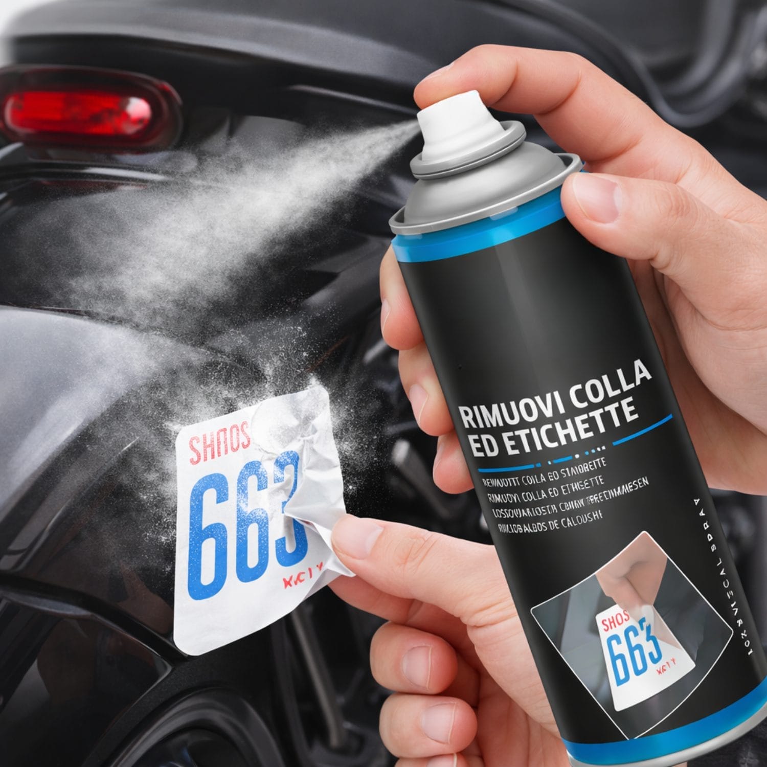 Spray rimuovi colla ed etichette che scioglie adesivo da carrozzeria moto senza residui