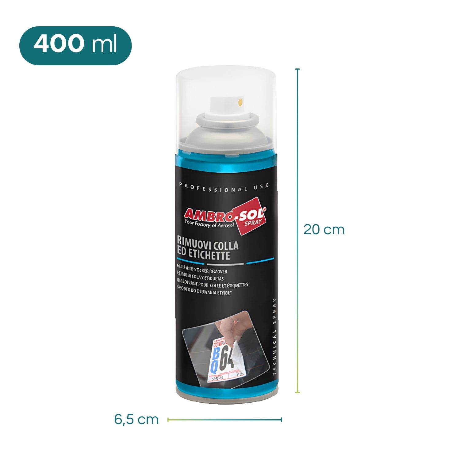 Spray rimuovi colla ed etichette 400 ml Ambro-Sol con dimensioni 20 cm x 6,5 cm