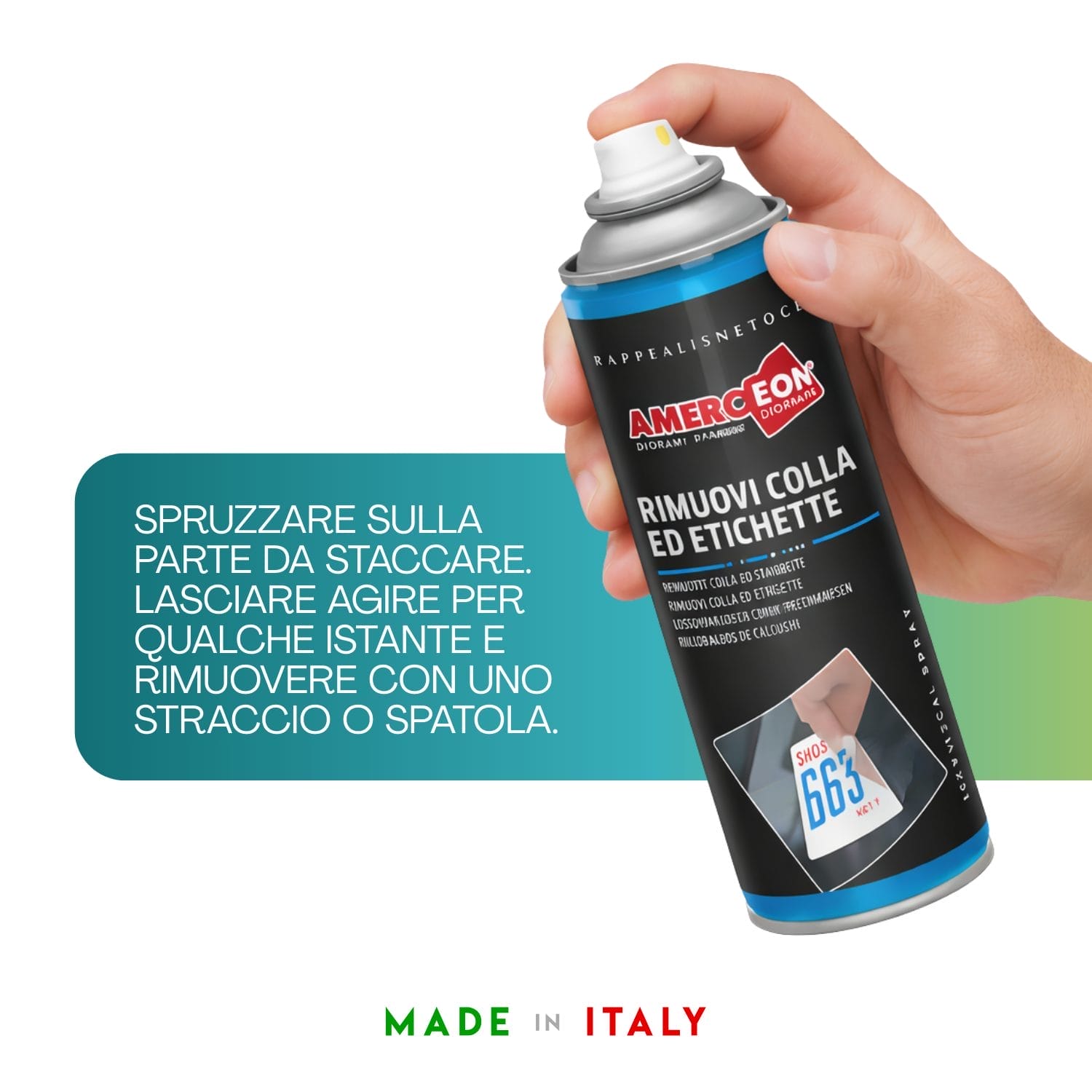 Applicazione spray rimuovi colla ed etichette su adesivo da staccare facilmente
