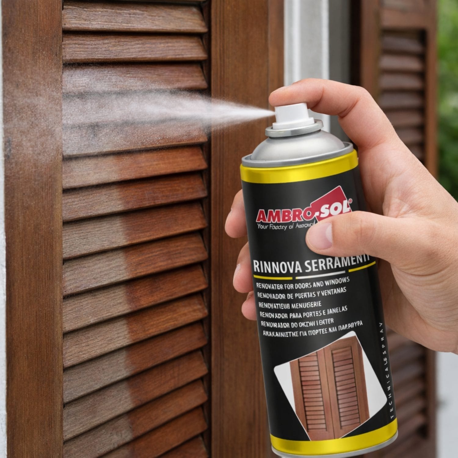 Spray Rinnova Serramenti Ambro-Sol in uso su persiane in legno per ravvivare il colore