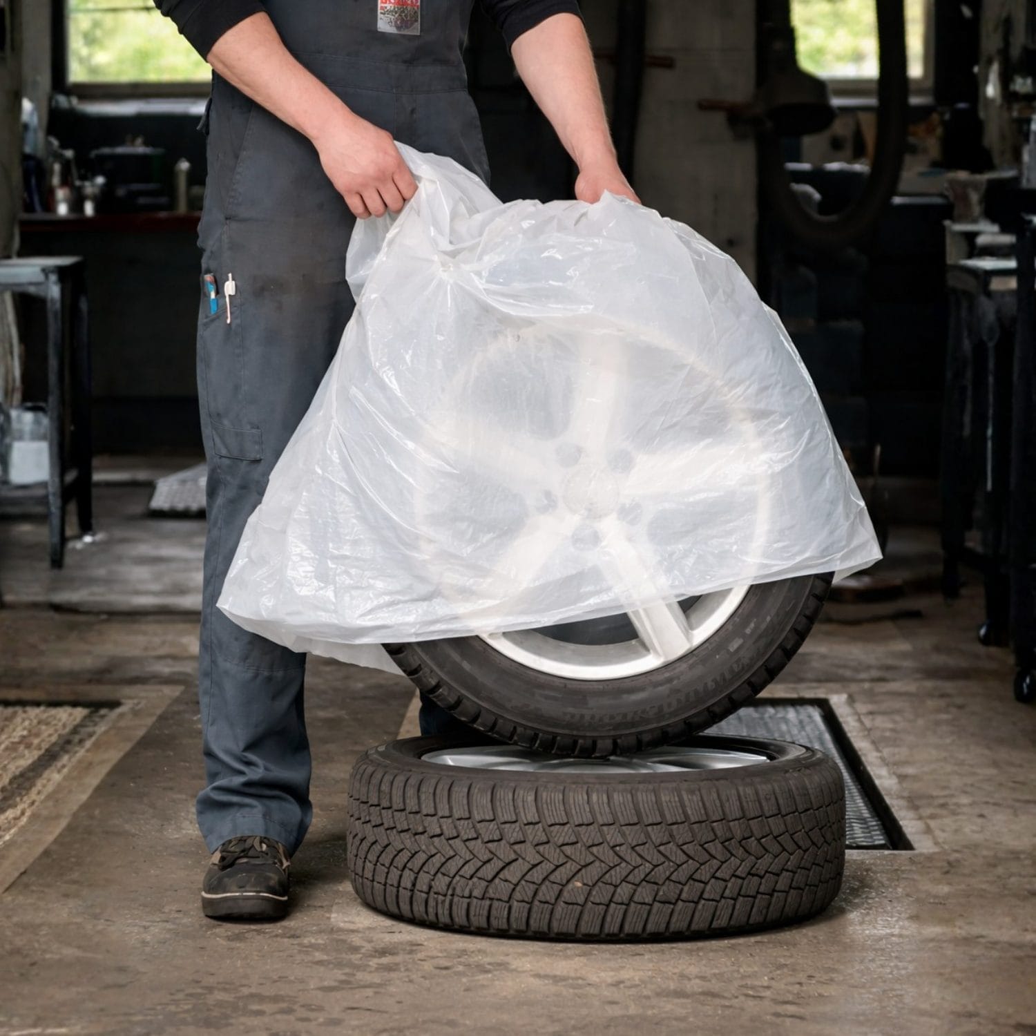 Sacco copripneumatici in plastica trasparente utilizzato in officina per protezione ruota