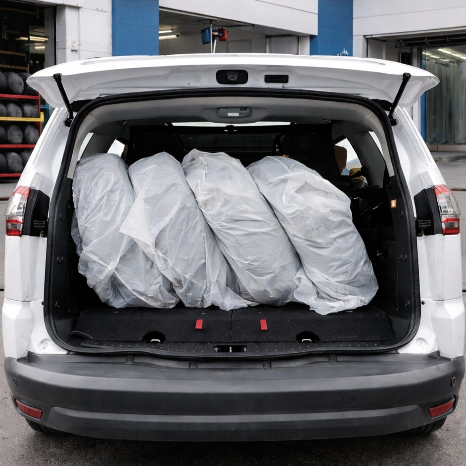 sacchi pneumatici coreografica Pneumatici avvolti in sacchi protettivi in plastica trasparente nel bagagliaio dell’auto