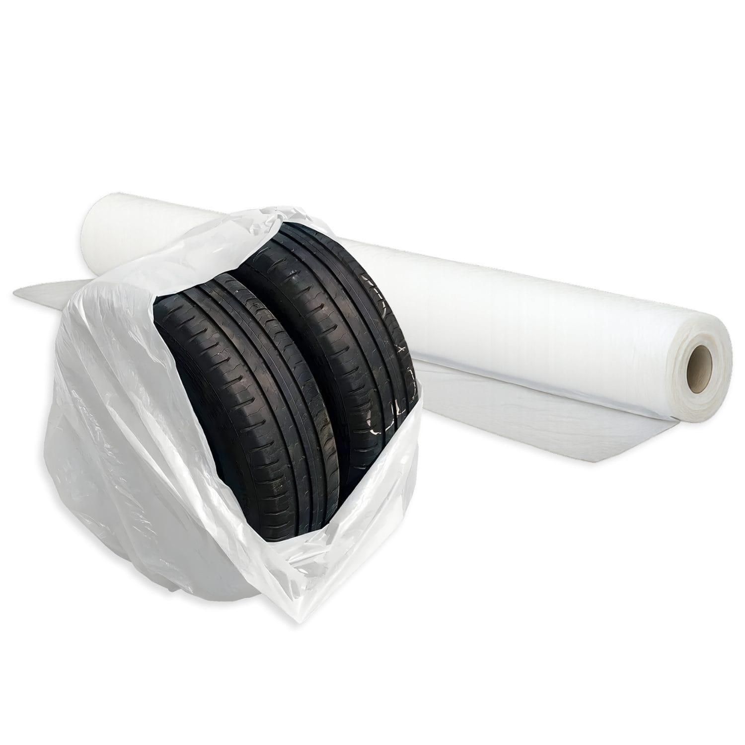 Sacchi copripneumatici in plastica trasparente con rotolo e pneumatici