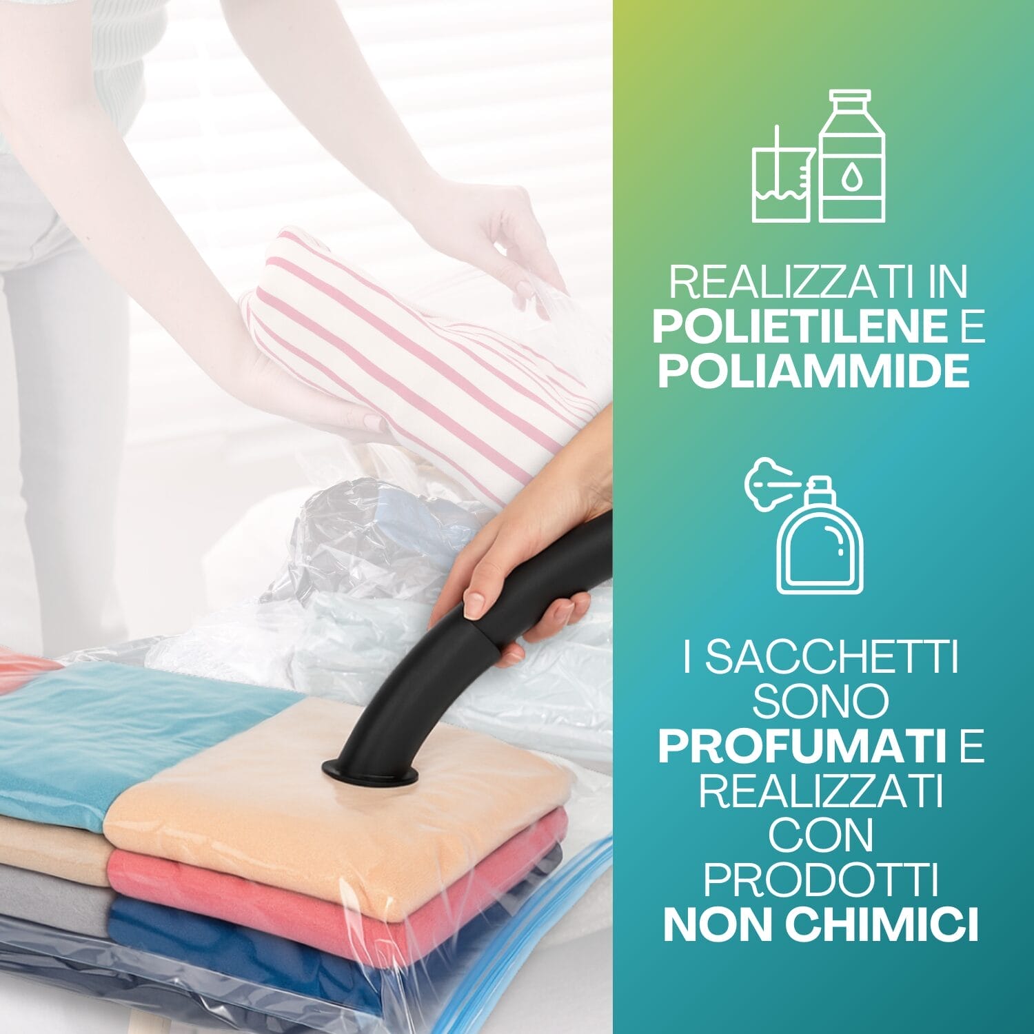 Sacchi sottovuoto in polietilene profumati e senza prodotti chimici