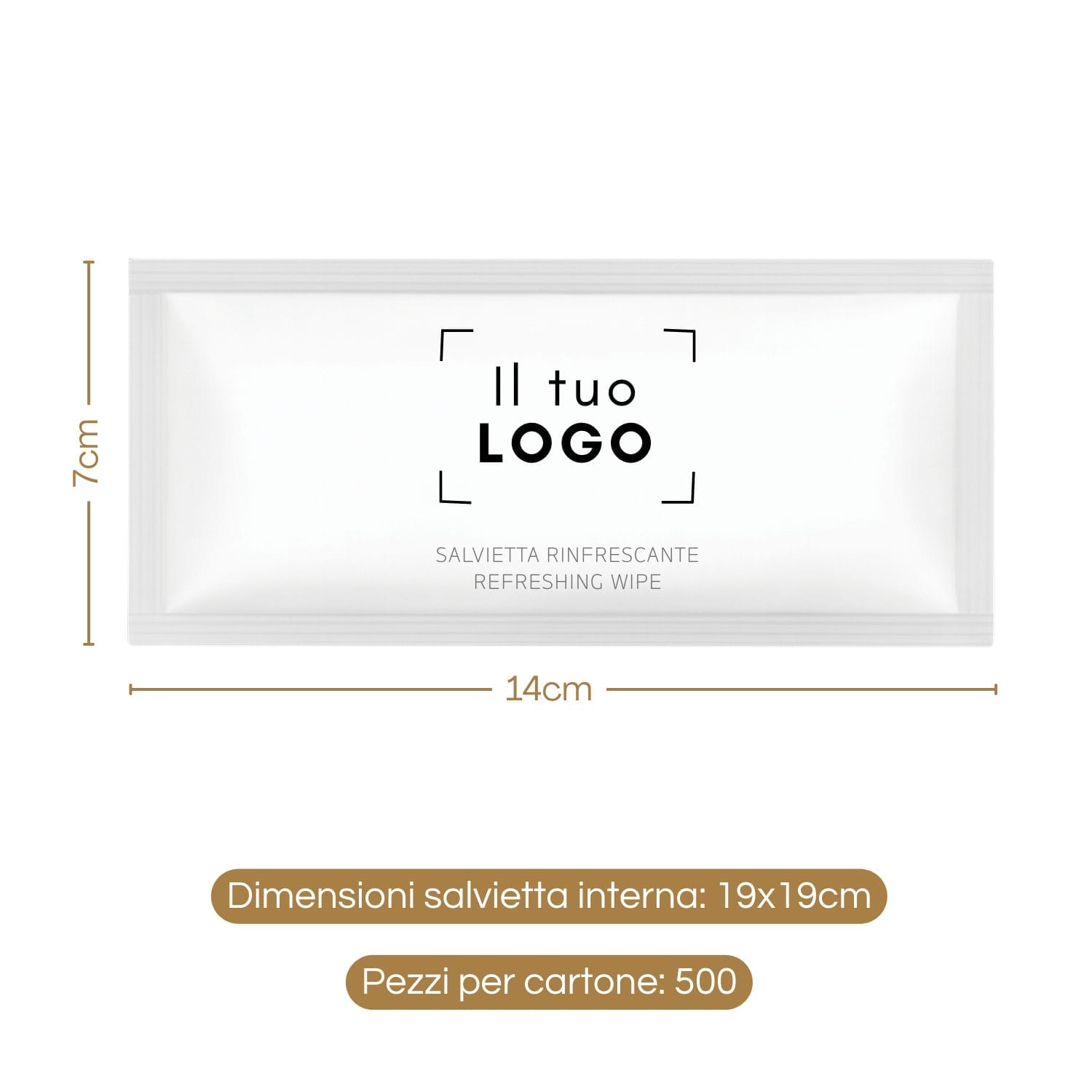 Salvietta umidificata personalizzabile 14×7 cm con dimensioni e salvietta interna 19×19 cm