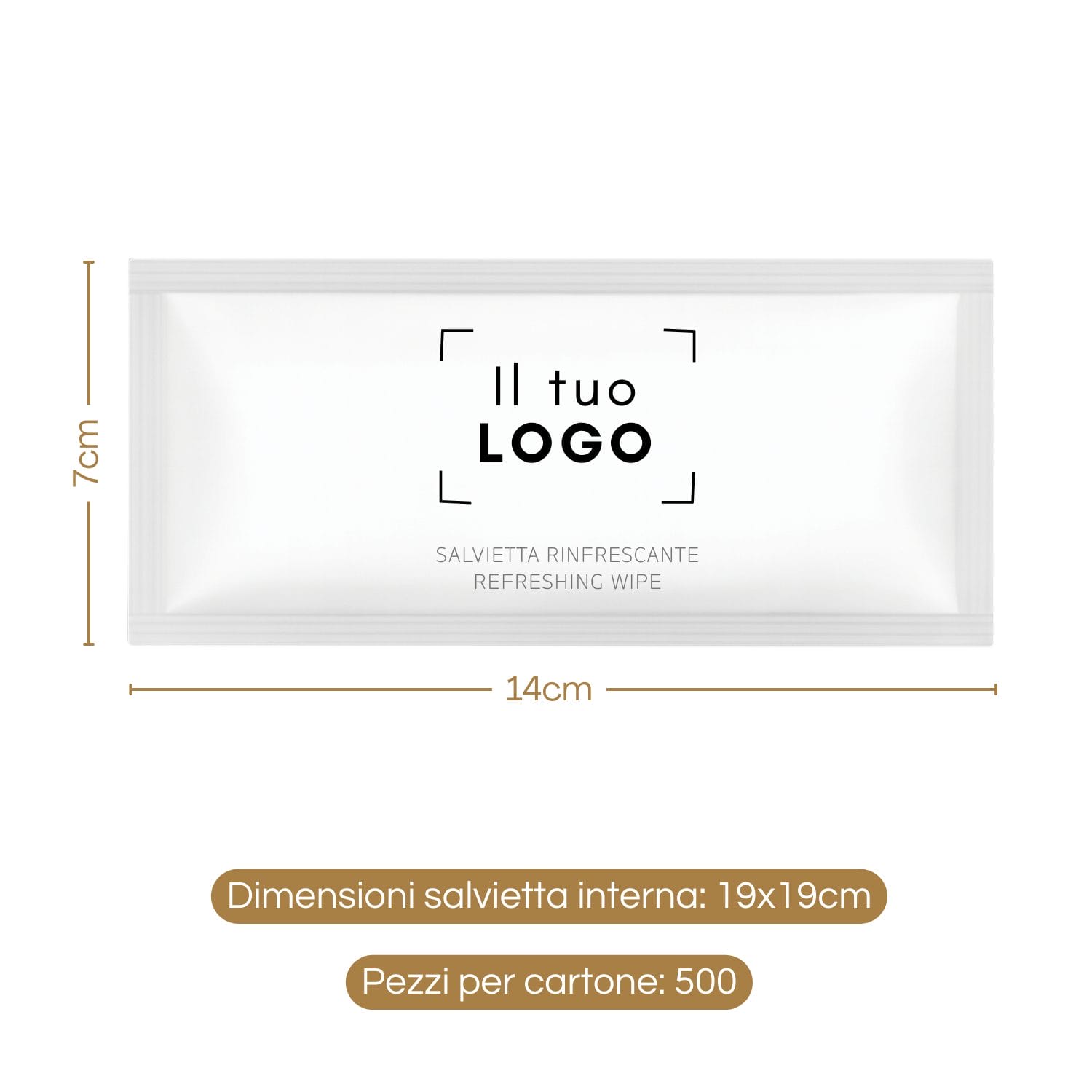 salvietta-umidificata-personalizzata-logo-7x14-salvietta-19x19 Salvietta umidificata personalizzabile 14×7 cm con dimensioni e salvietta interna 19×19 cm