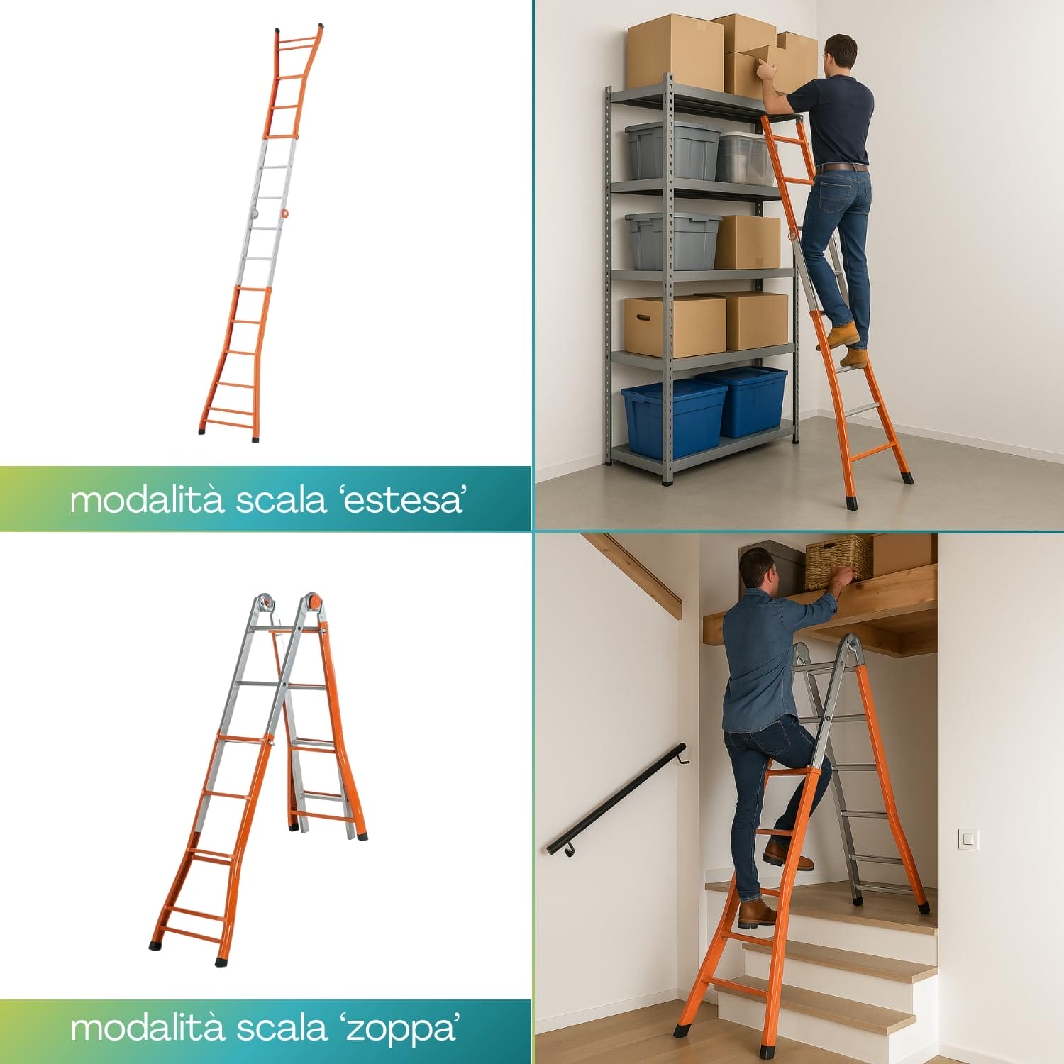 Scala telescopica Gierre in modalità estesa e zoppa per uso domestico e lavoro