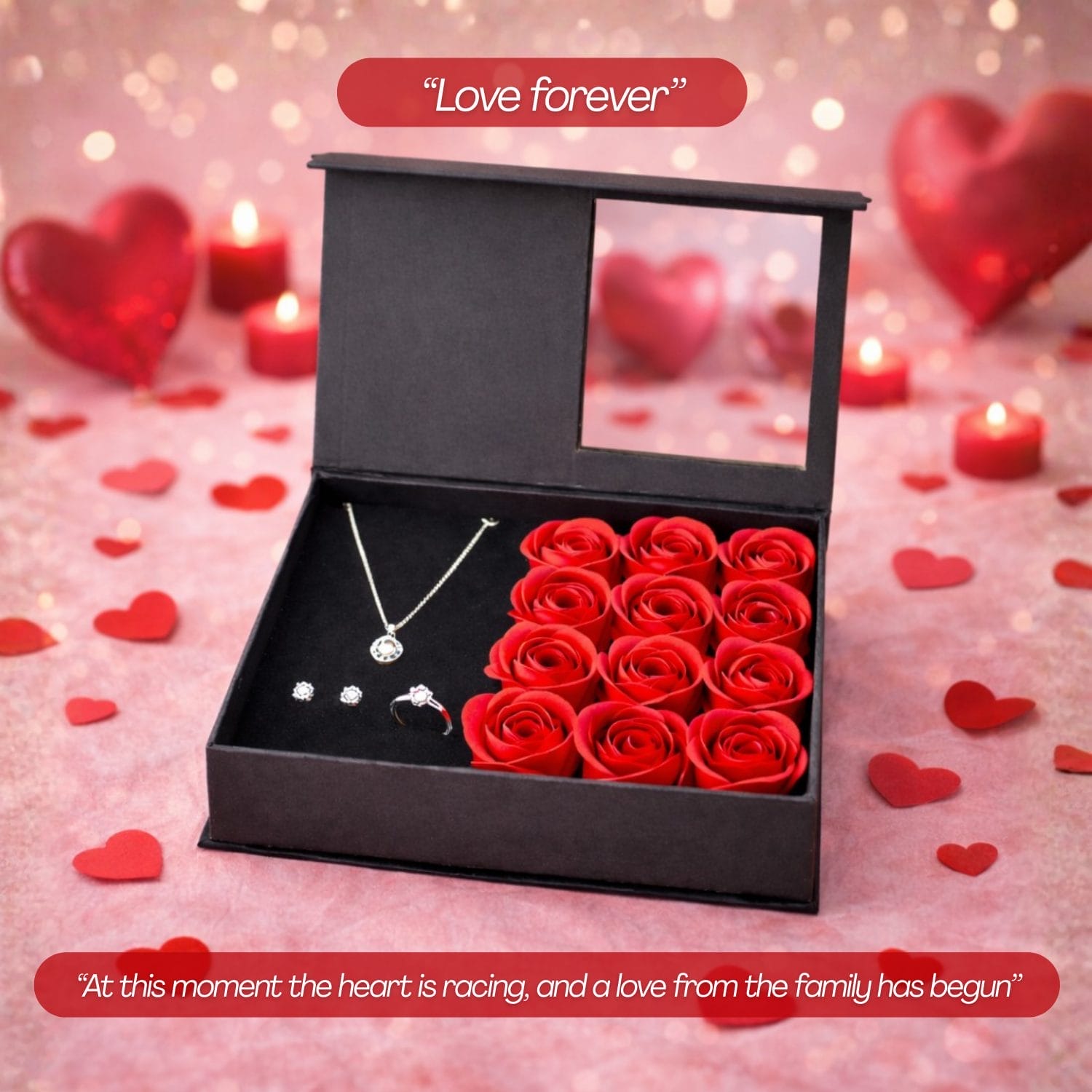 Cofanetto portagioielli con frase romantica e rose rosse decorative