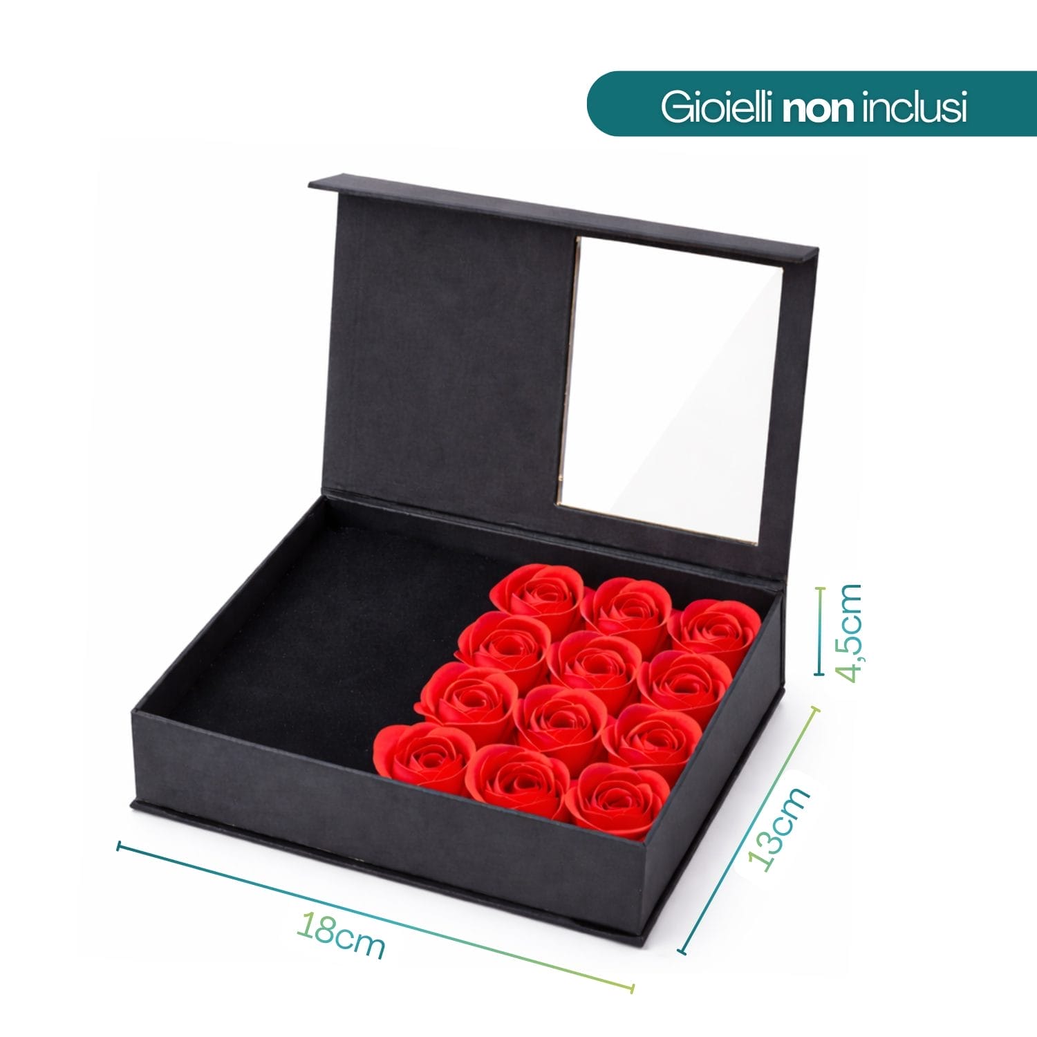Scatola portagioielli 18x13x4,5 cm con 12 rose artificiali