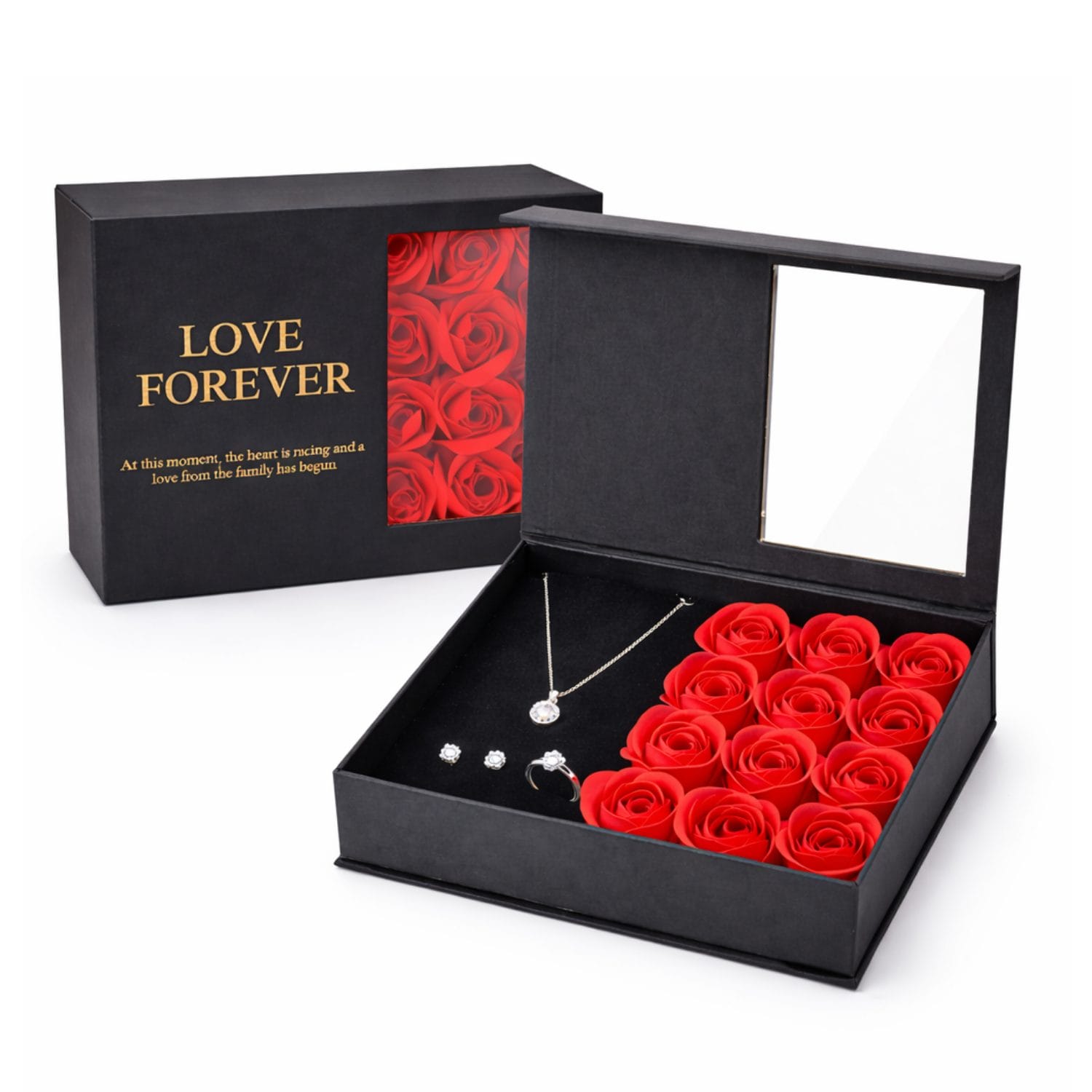 Cofanetto nero con finestra e 12 rose rosse artificiali