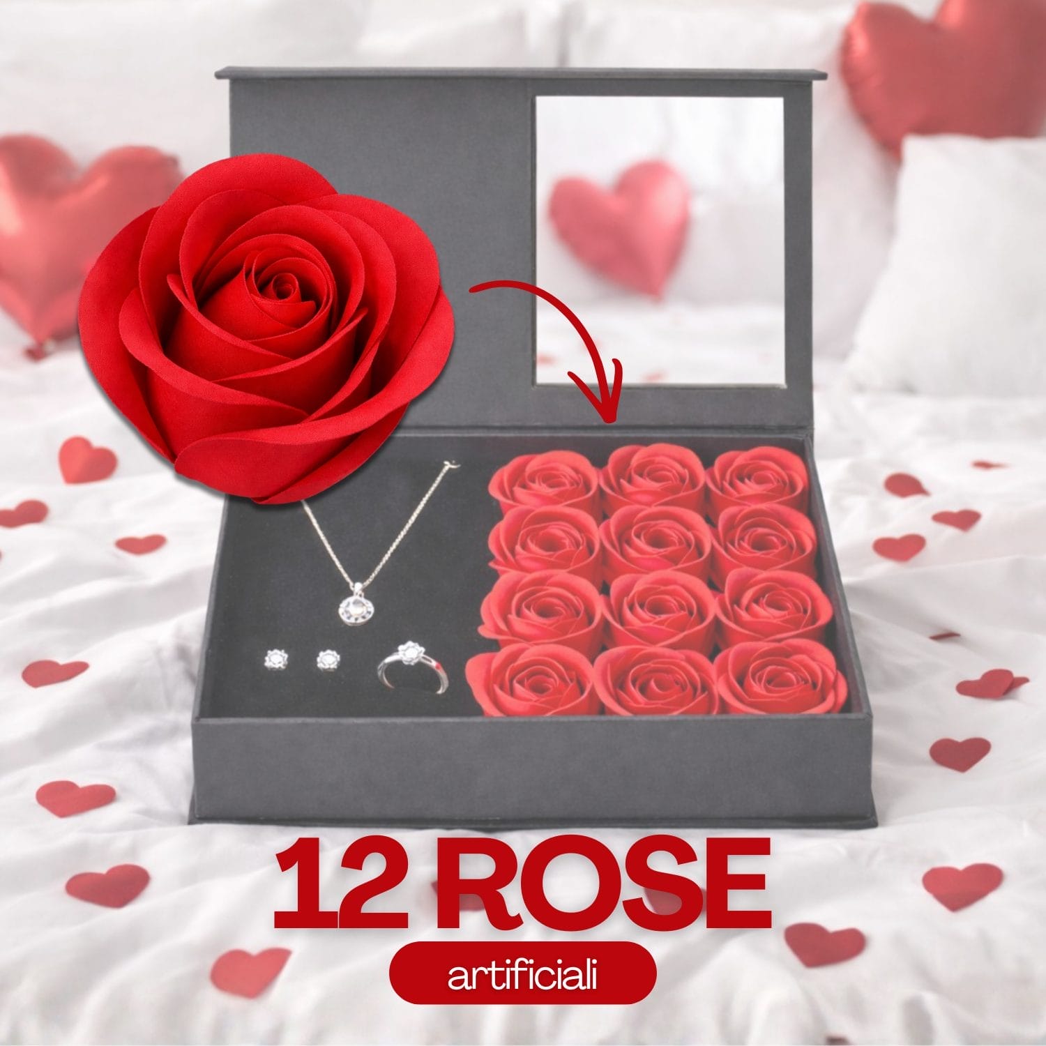 Dettaglio rose rosse artificiali incluse nella scatola regalo