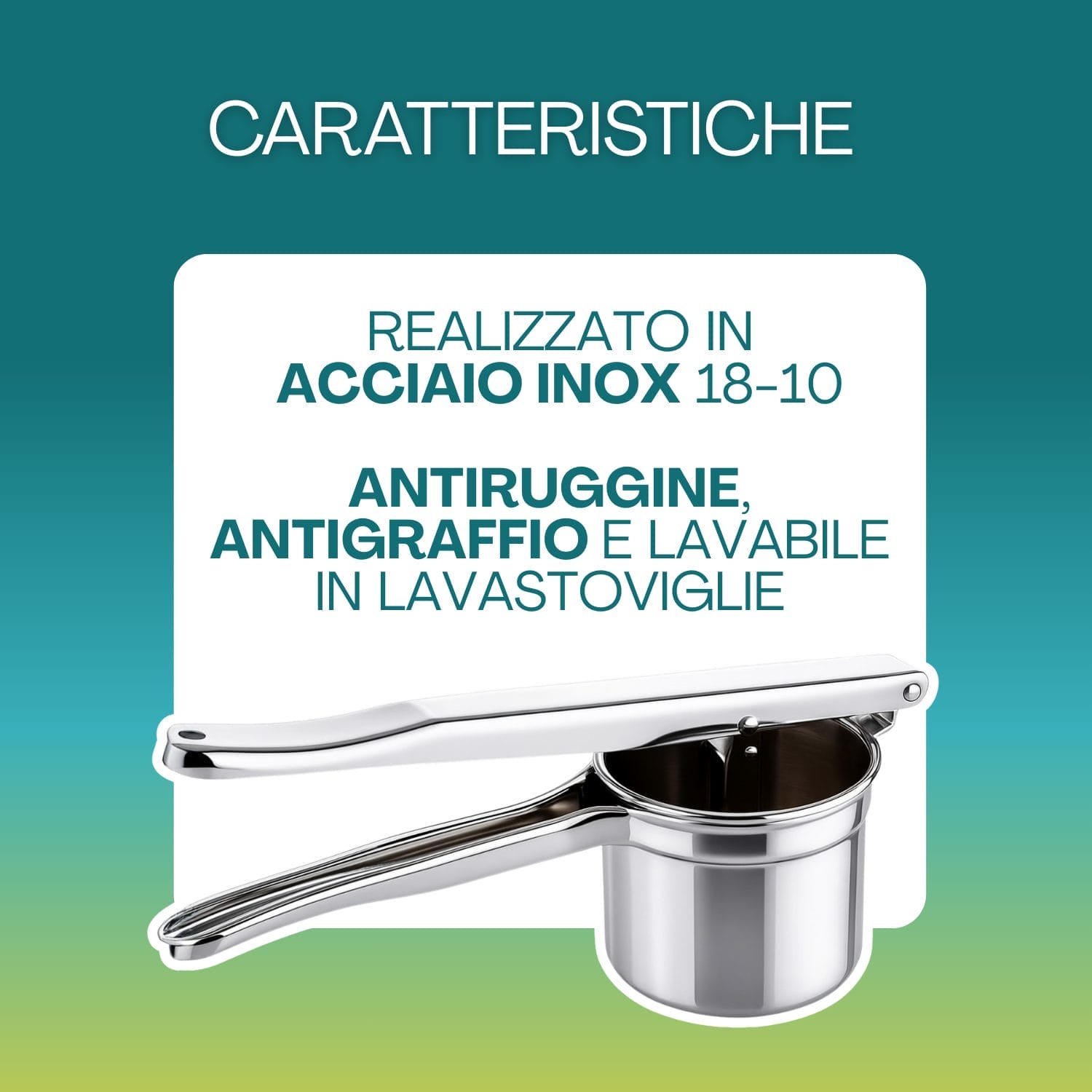 schiacciapatate caratteristiche Schiacciapatate in acciaio inox con misure 20 cm 15 cm 8 cm 7 cm