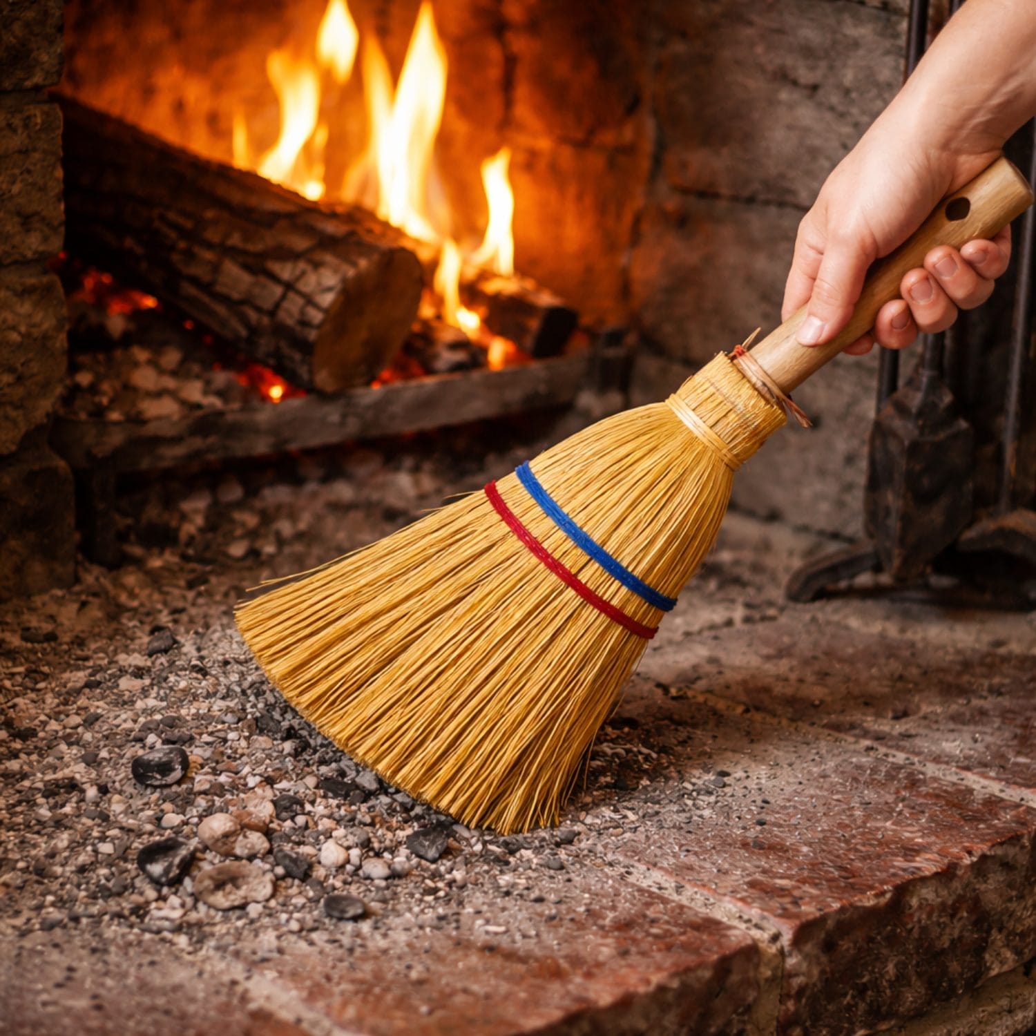 Scopa in saggina naturale con manico in legno utilizzata per pulire la cenere dal camino acceso