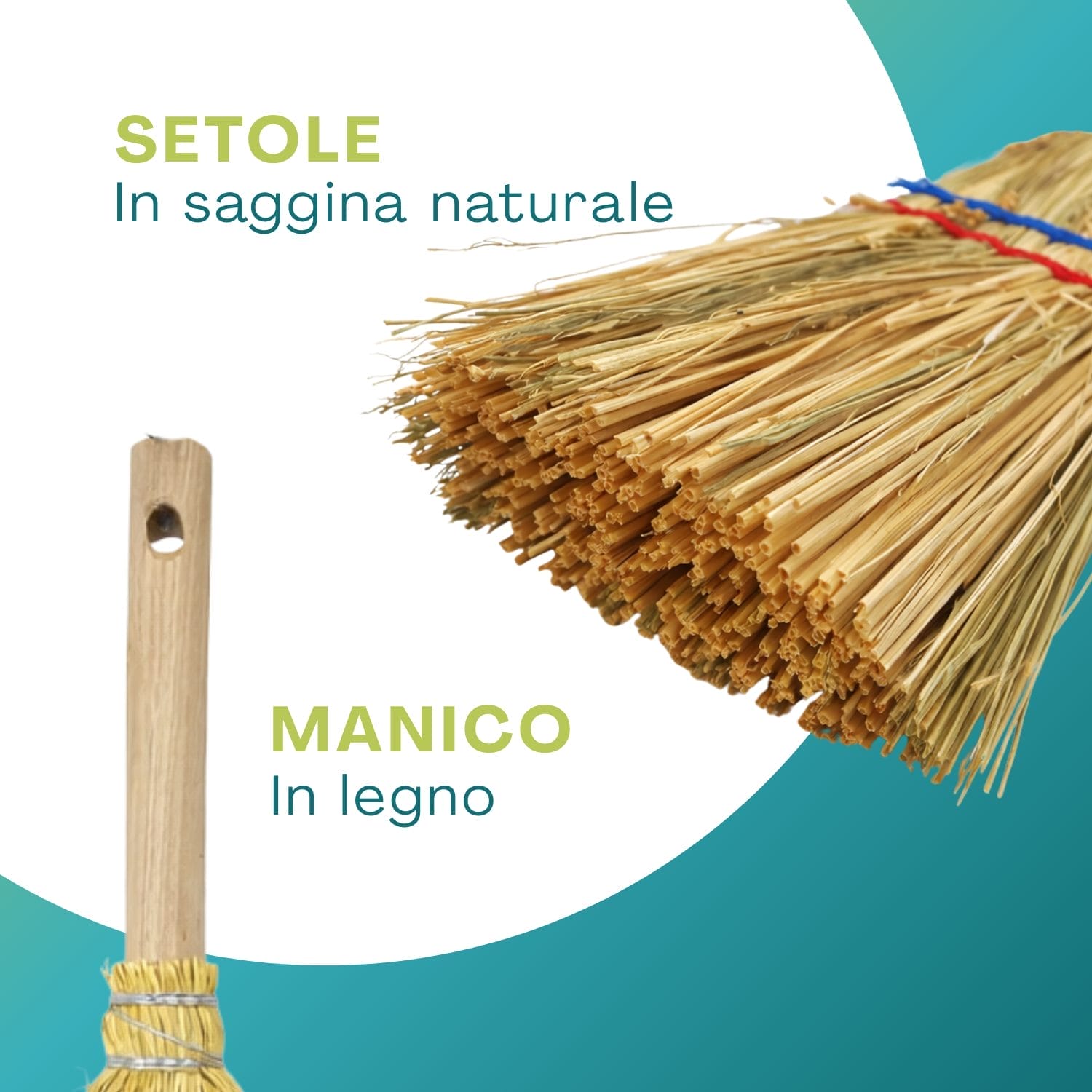 Dettaglio scopa in saggina naturale con setole in saggina e manico in legno