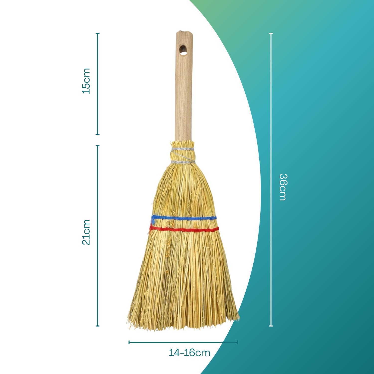 Misure scopa in saggina con manico in legno: lunghezza totale 36 cm e larghezza setole 14-16 cm