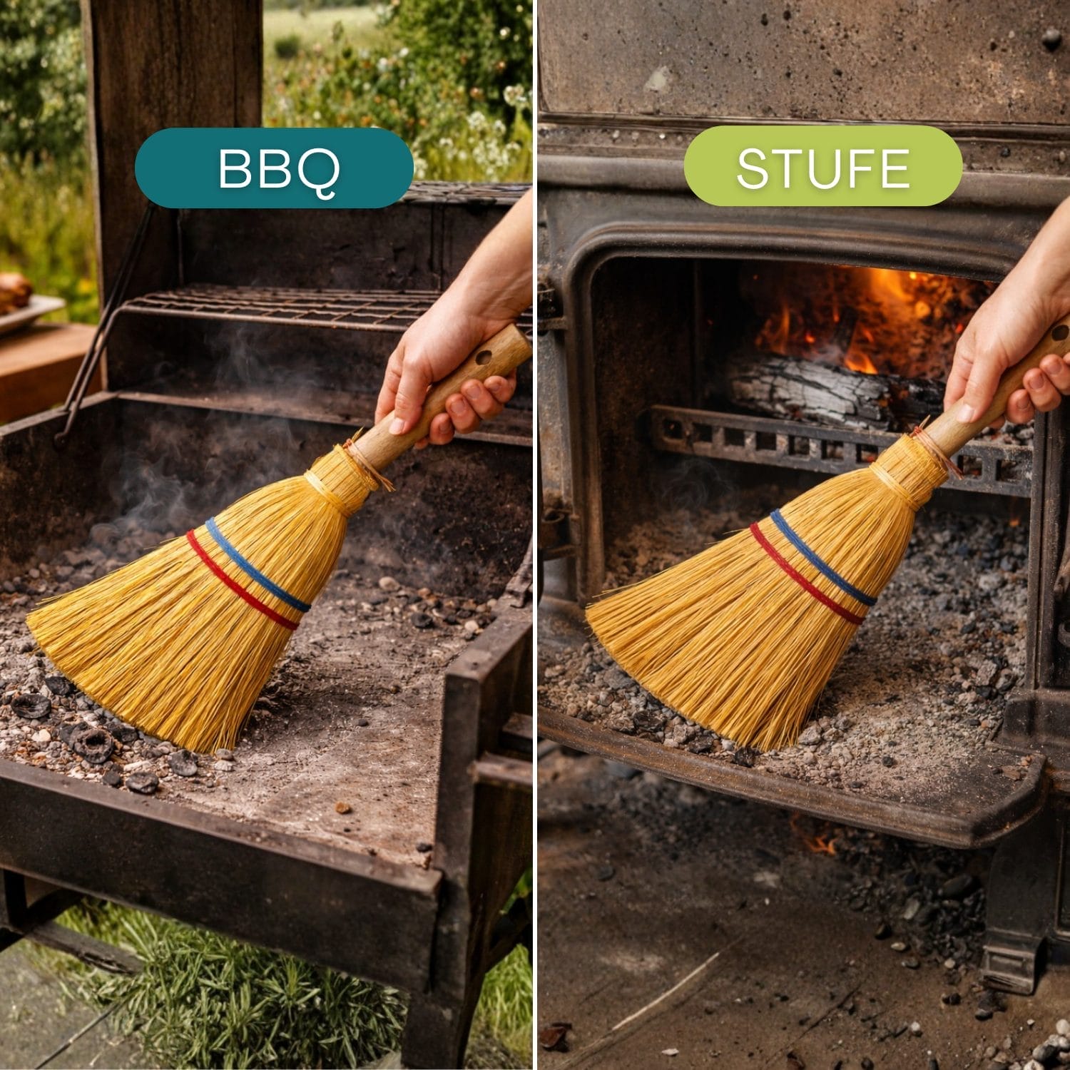 Scopa in saggina utilizzata per pulire barbecue e stufa a legna dalla cenere