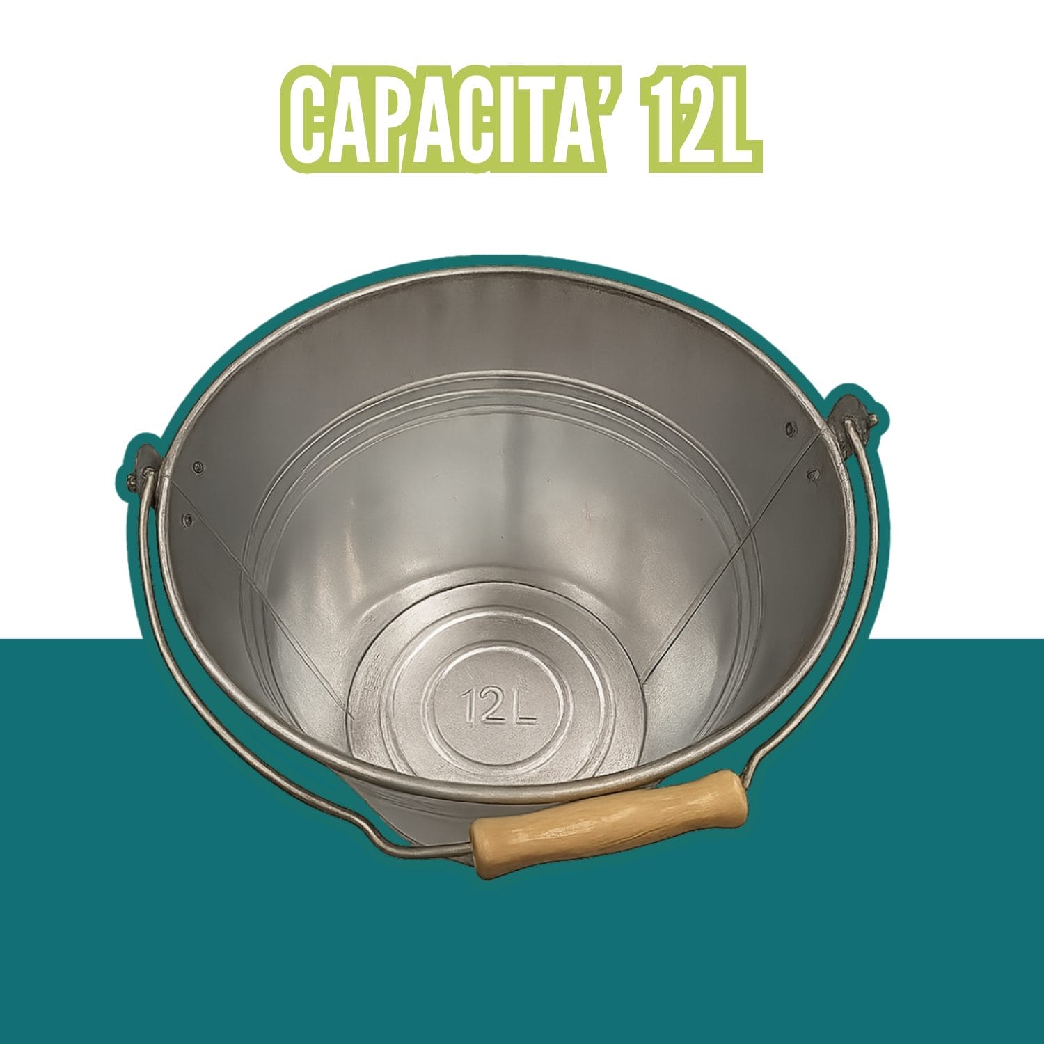 secchio zincato con manico capacità Secchio zincato da 12 litri visto dall’alto con manico in legno