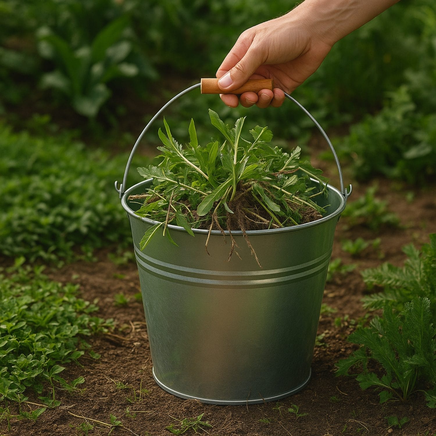 secchio zincato con manico coreografica Secchio zincato usato in giardino per raccogliere erbacce e materiali verdi