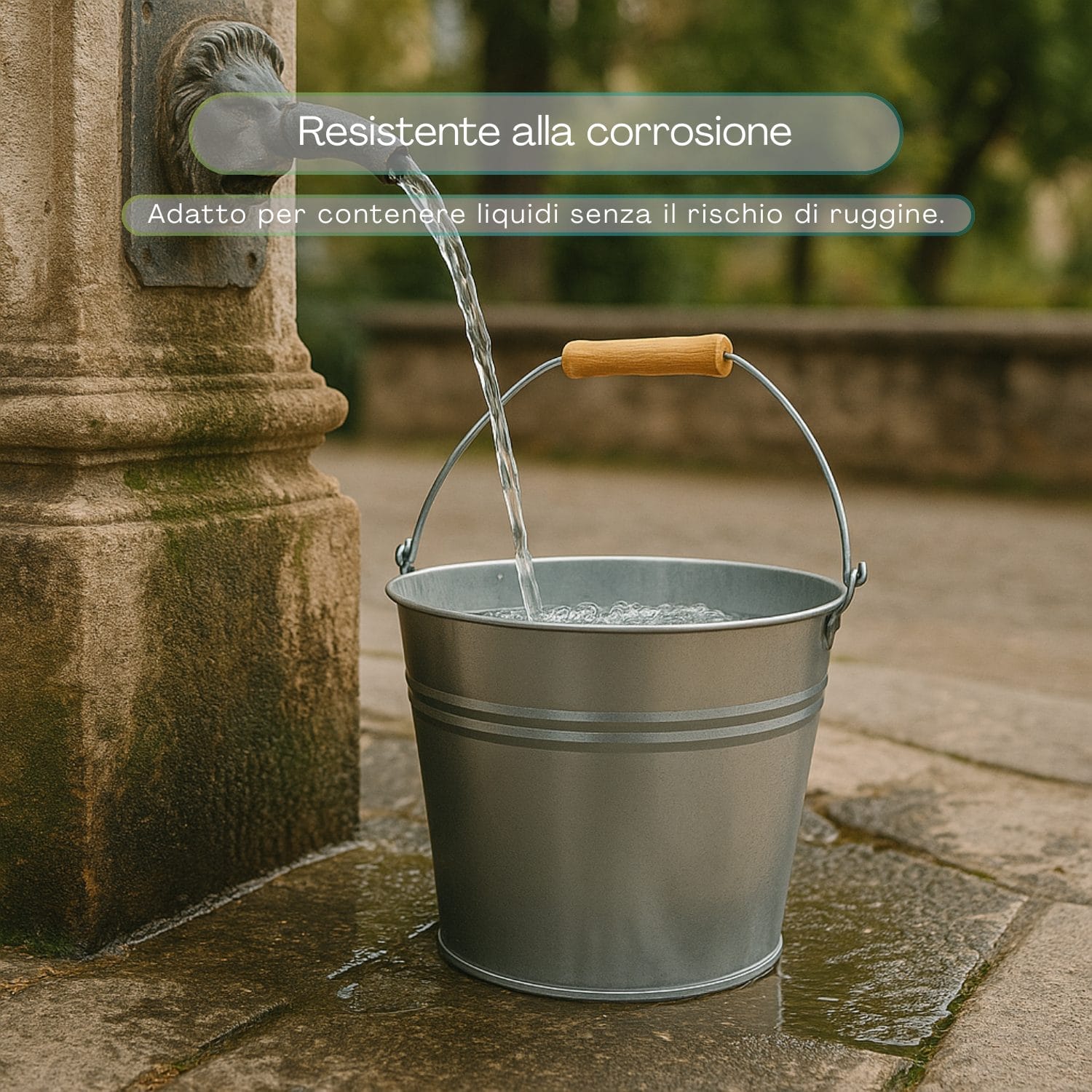 Secchio zincato riempito d’acqua resistente alla corrosione e adatto ai liquidi