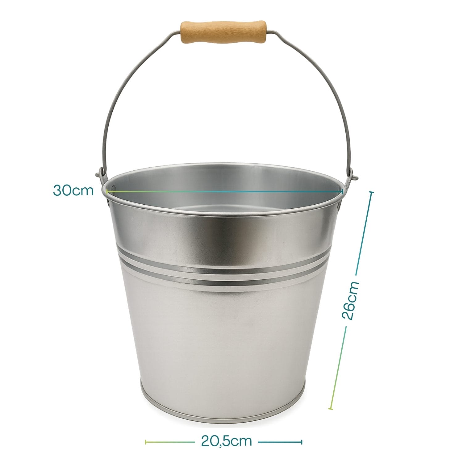 Secchio zincato con misure 30 cm diametro e 26 cm altezza con manico in legno