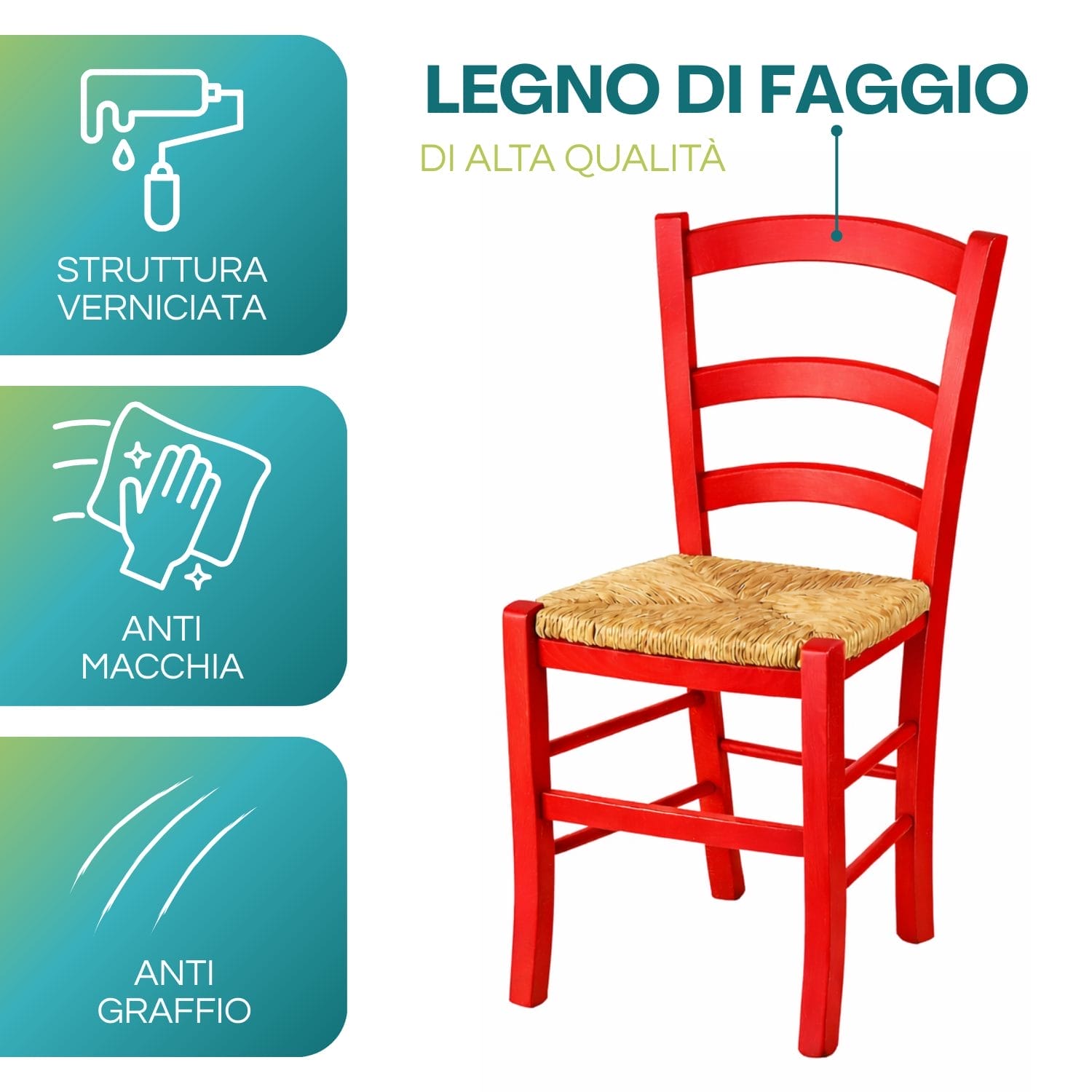 sedia paesana caratteristiche (2) Sedia in legno di faggio rossa con seduta in paglia verniciata anti macchia