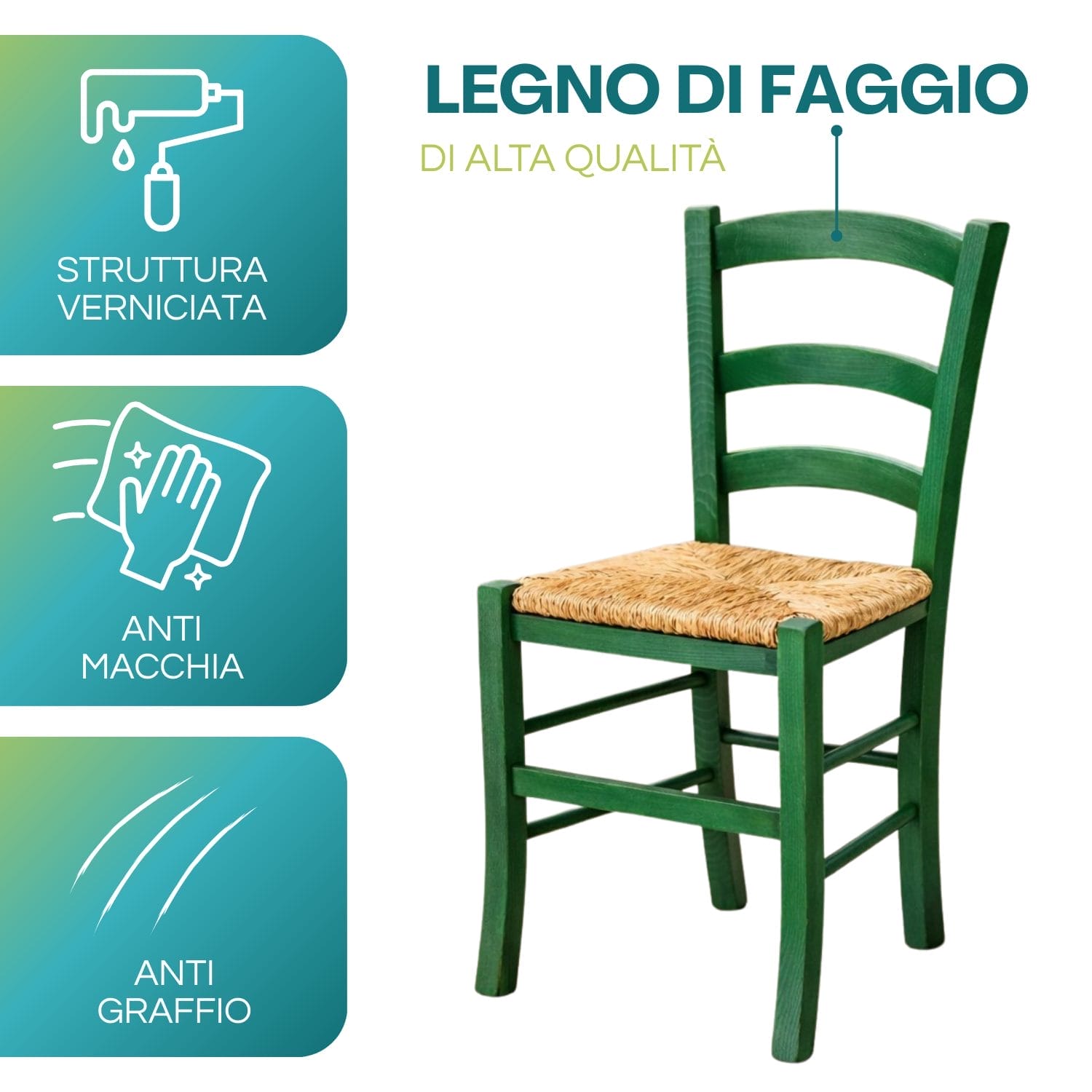 sedia paesana caratteristiche (3) Sedia in legno di faggio verde con seduta in paglia verniciata anti macchia