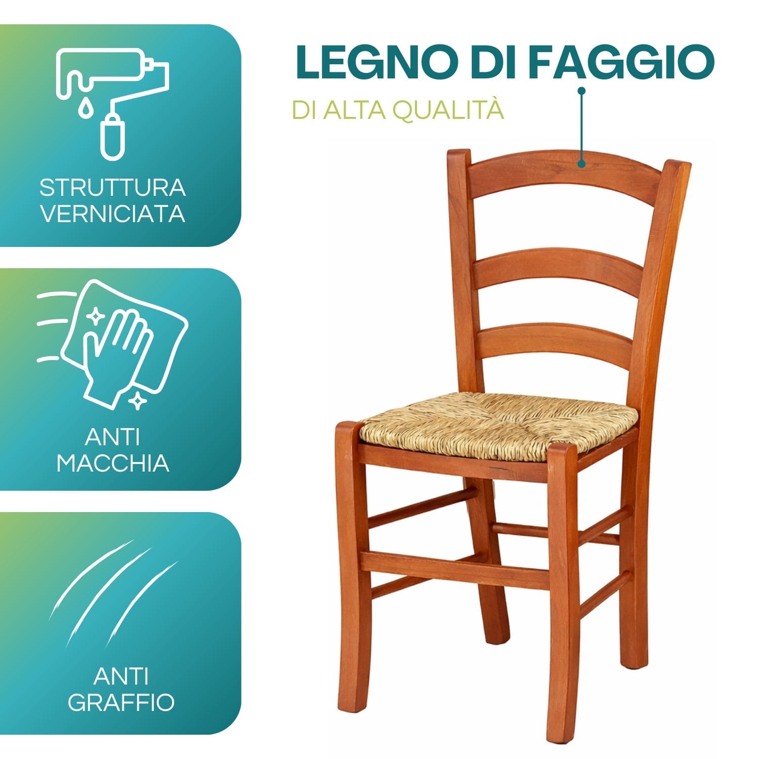sedia paesana caratteristiche (4) Sedia in legno di faggio ciliegio con seduta in paglia verniciata anti macchia