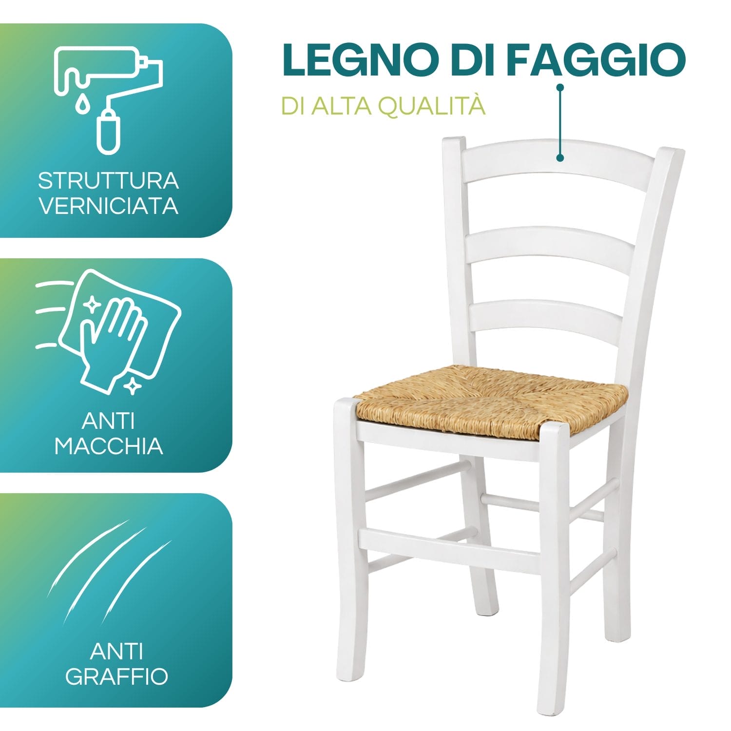 Sedia in legno di faggio bianca con seduta in paglia verniciata anti macchia