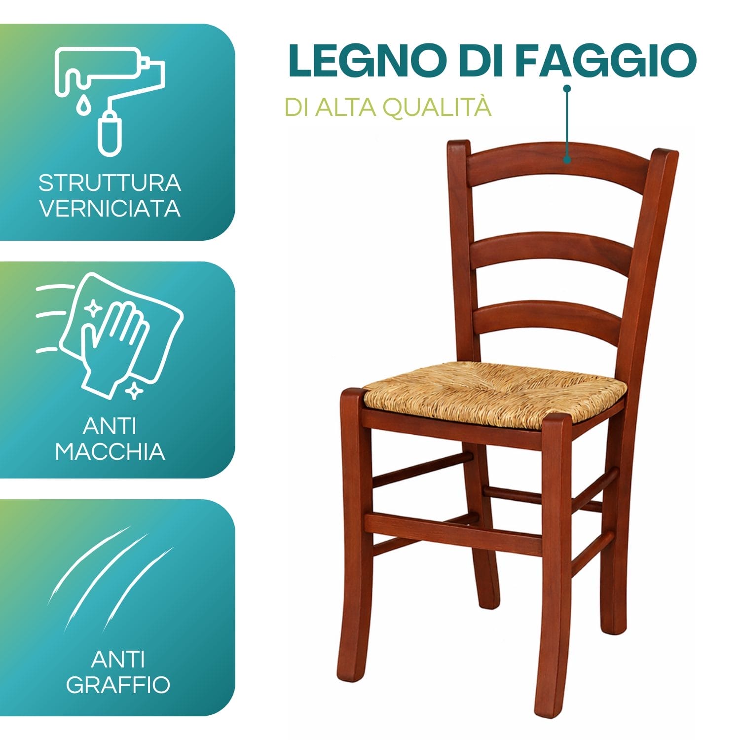 Sedia in legno di faggio noce scuro con seduta in paglia verniciata anti macchia
