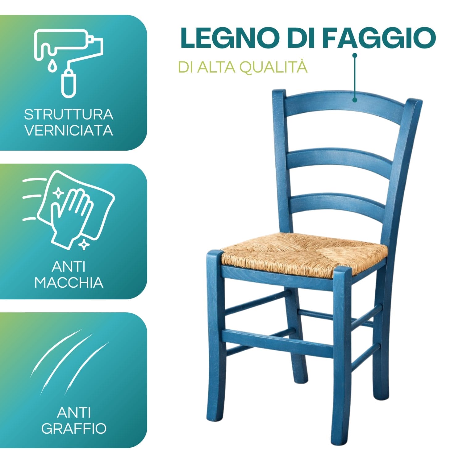 Sedia in legno di faggio azzurro con seduta in paglia verniciata anti macchia