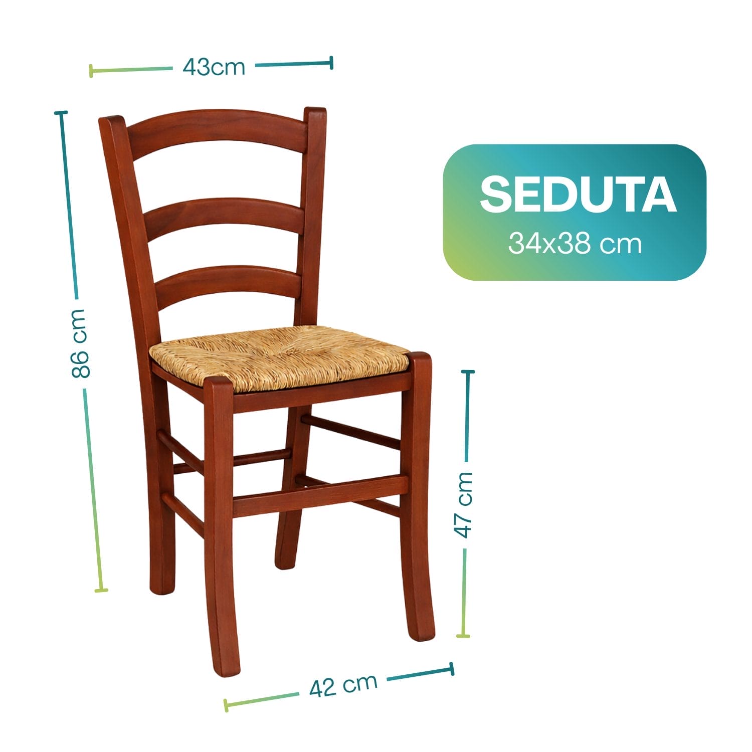 Sedia paesana in legno noce con seduta in paglia dimensioni 86x43x42 cm