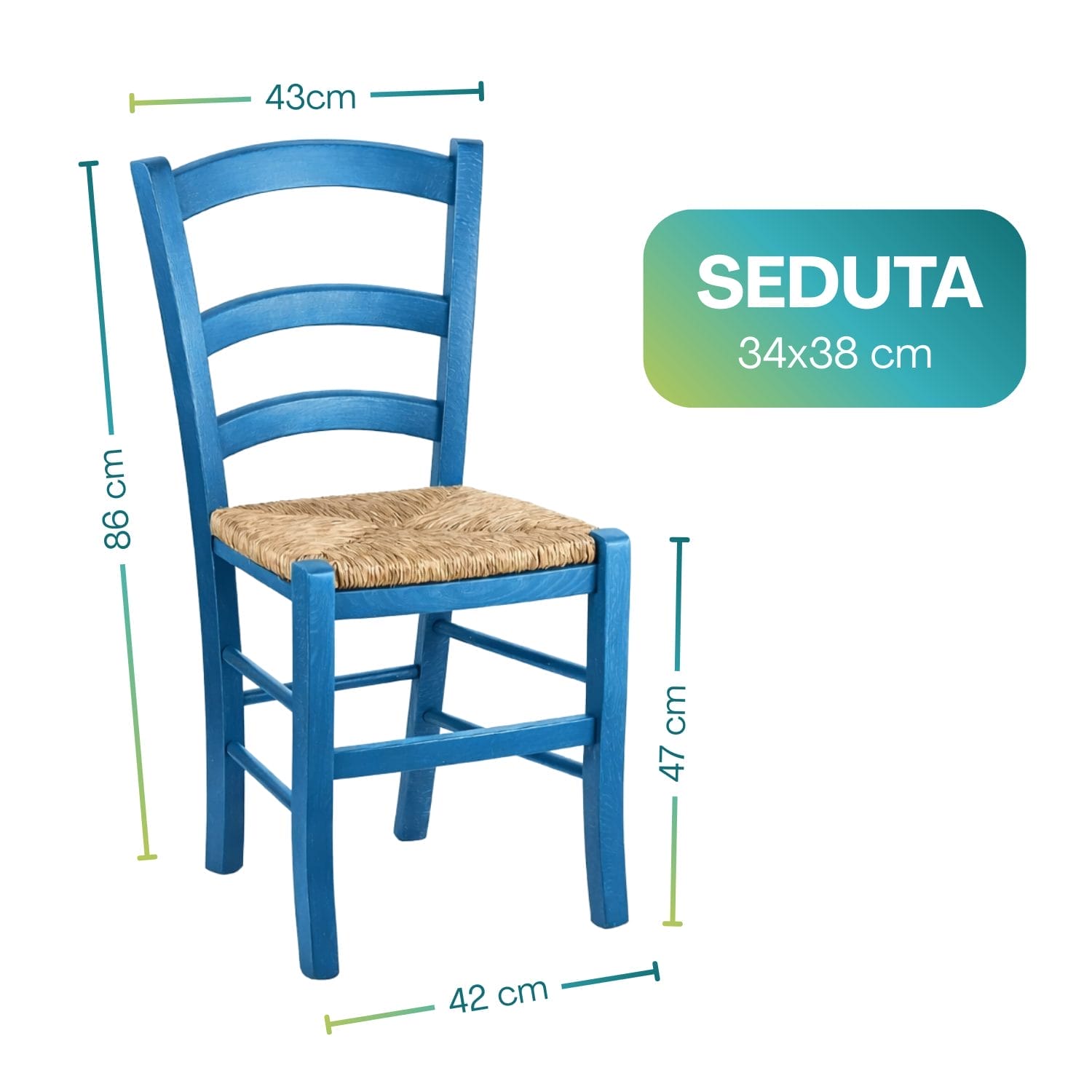 sedia paesana misure (2) Sedia paesana in legno blu con seduta in paglia dimensioni 86x43x42 cm