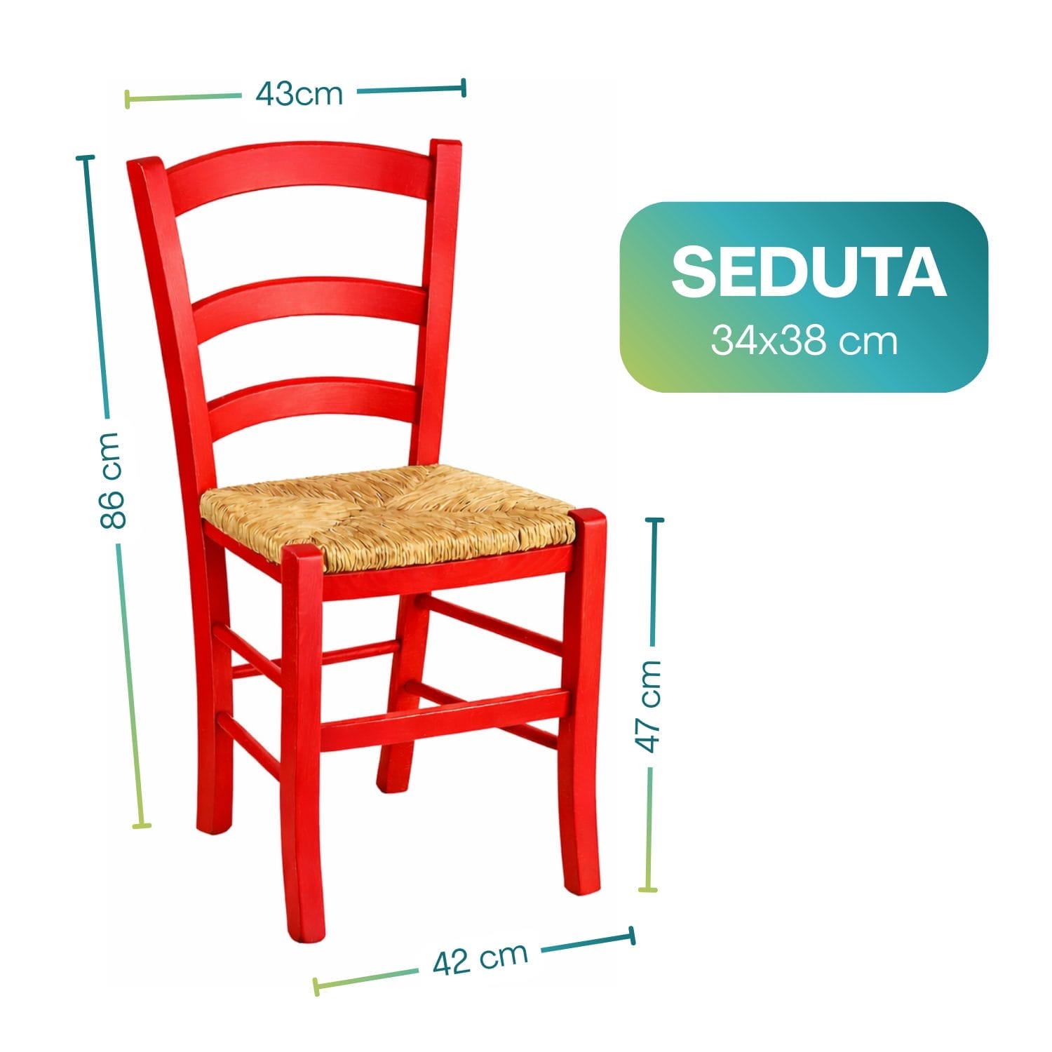 Sedia paesana in legno rosso con seduta in paglia dimensioni 86x43x42 cm