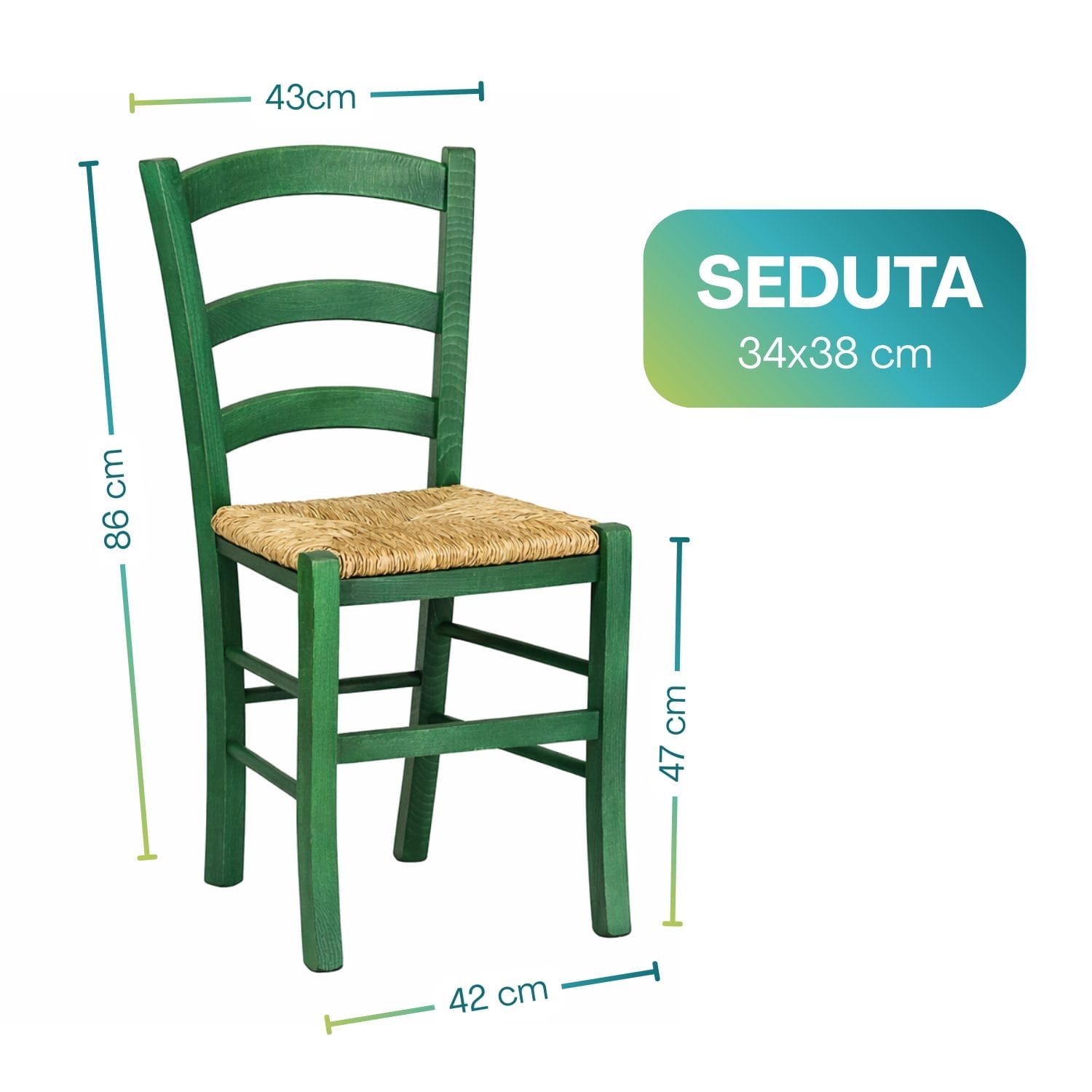 sedia paesana misure (4) Sedia paesana in legno verde con seduta in paglia dimensioni 86x43x42 cm