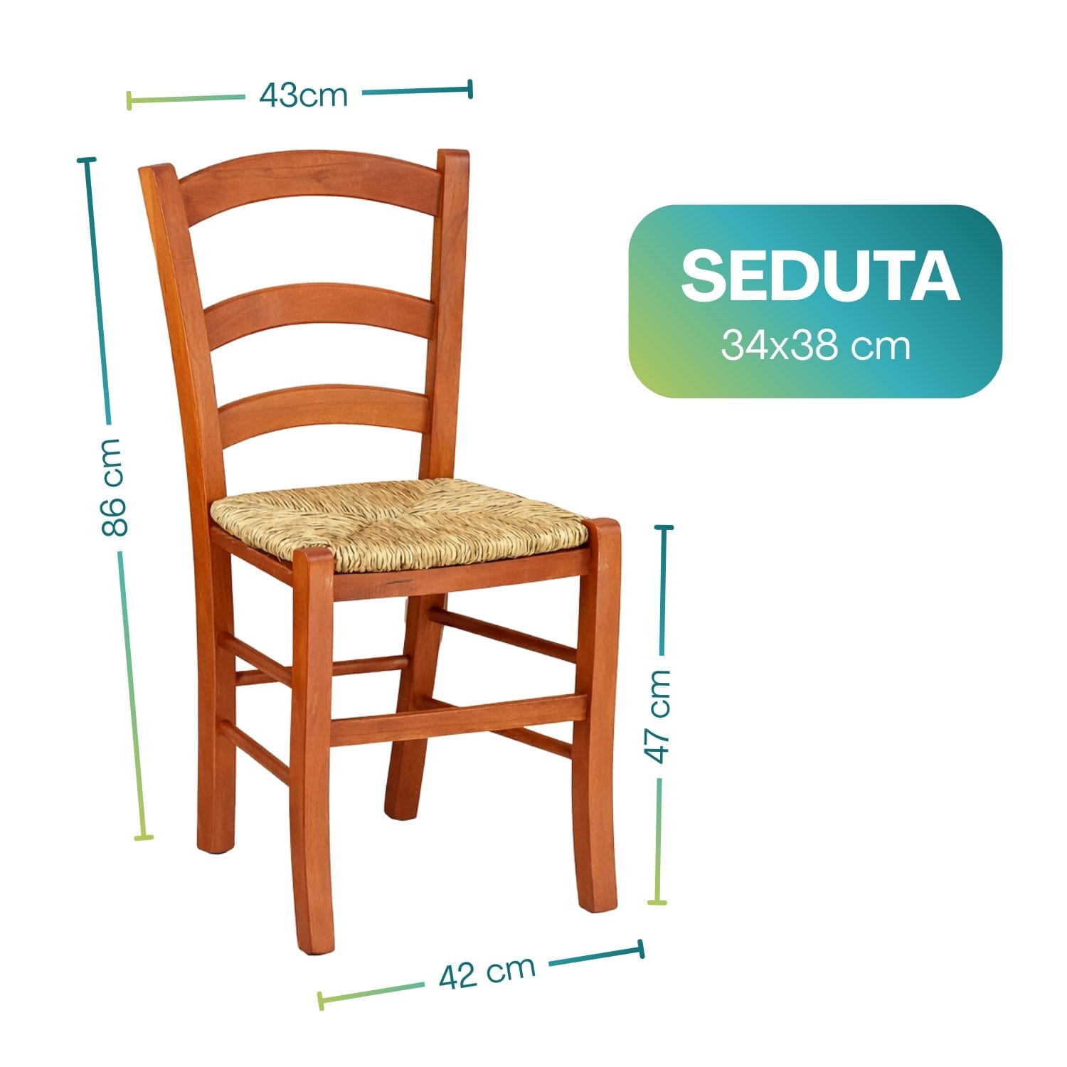 Sedia paesana in legno naturale con seduta in paglia dimensioni 86x43x42 cm