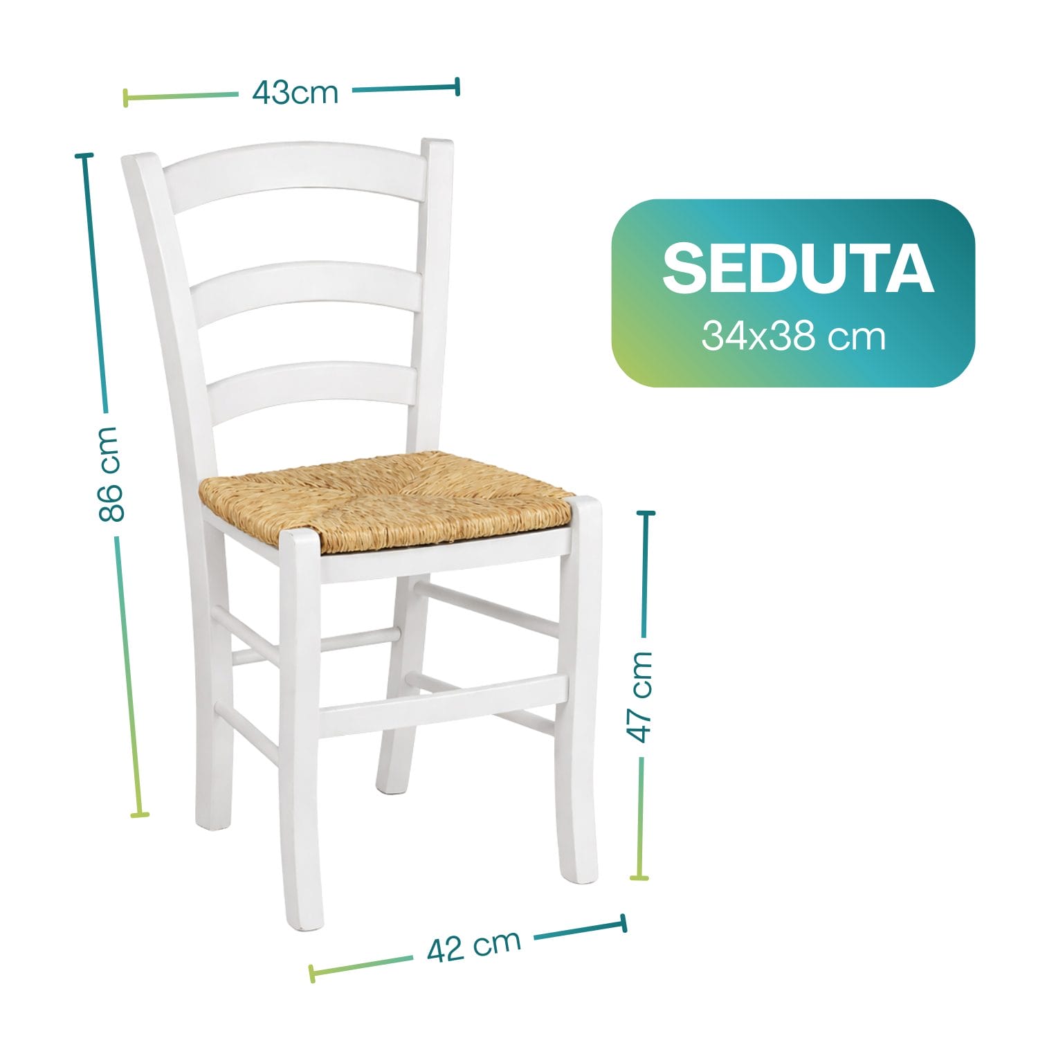 sedia paesana misure (6) Sedia paesana in legno bianco con seduta in paglia dimensioni 86x43x42 cm